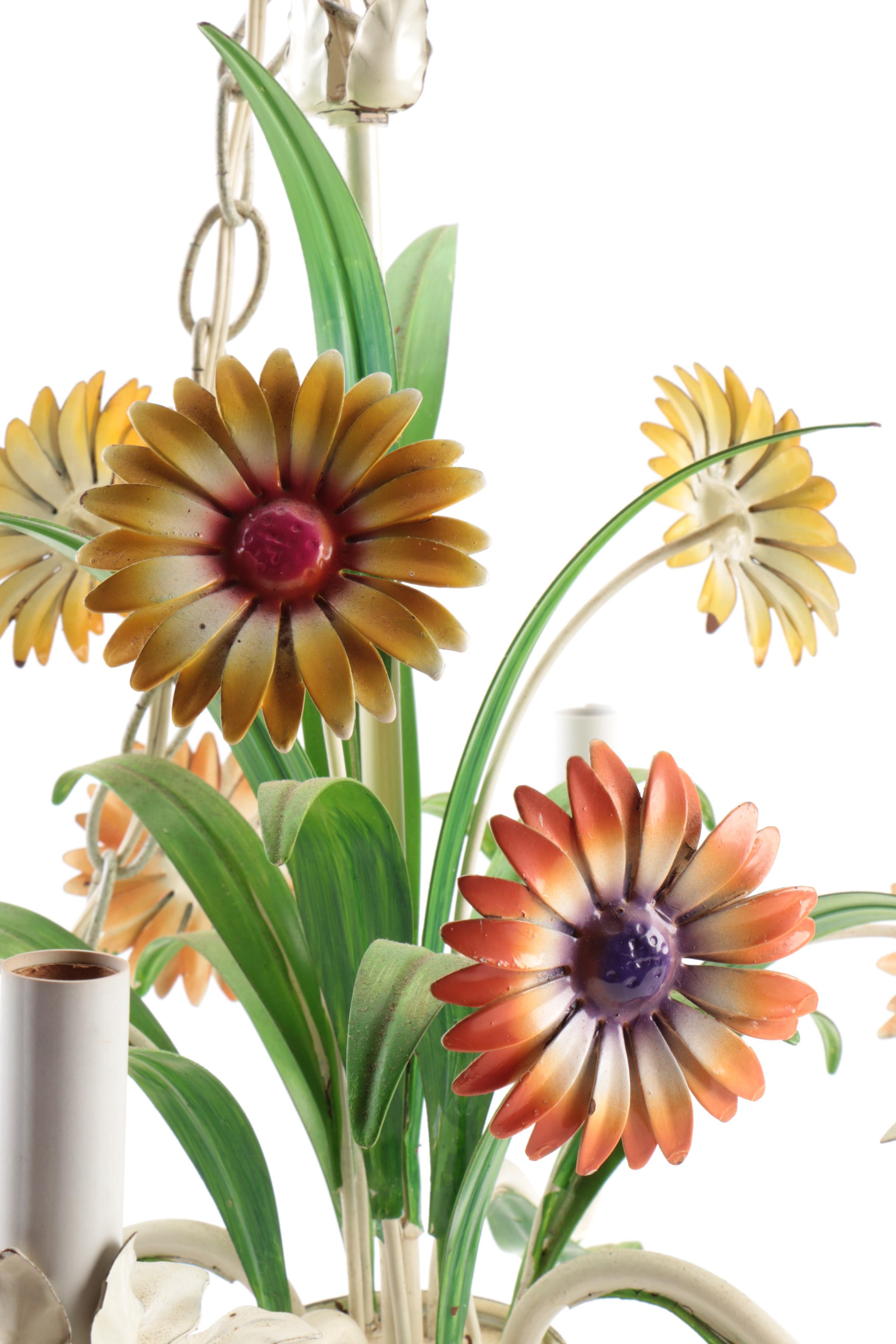 Tole Floral Painted Metal Chandelier