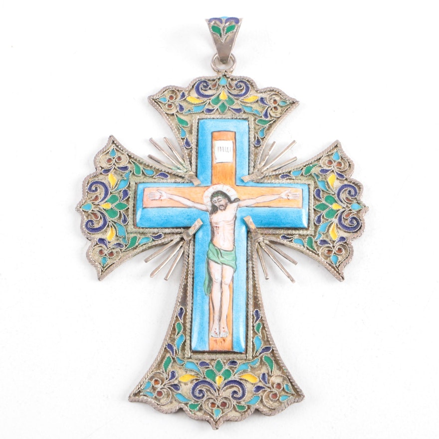 Handmade 950 Silver and Cloisonné Enamel Crucifix Pendant