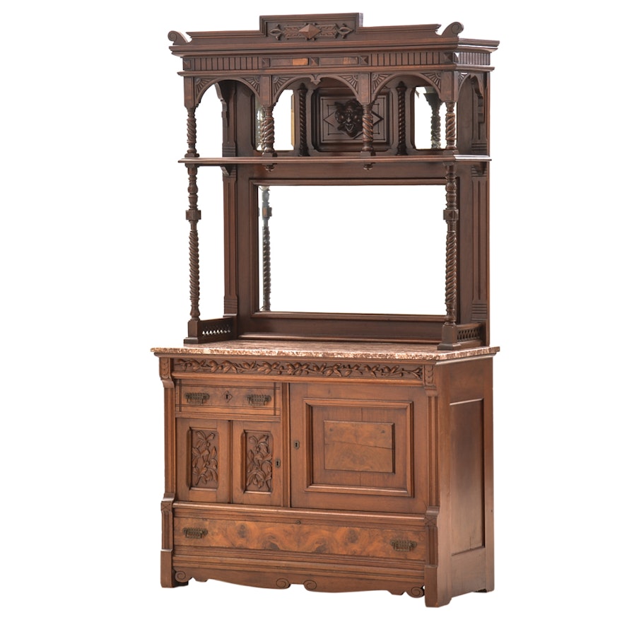 Antique Walnut Buffet with Mirrored Hutch and Marble Top