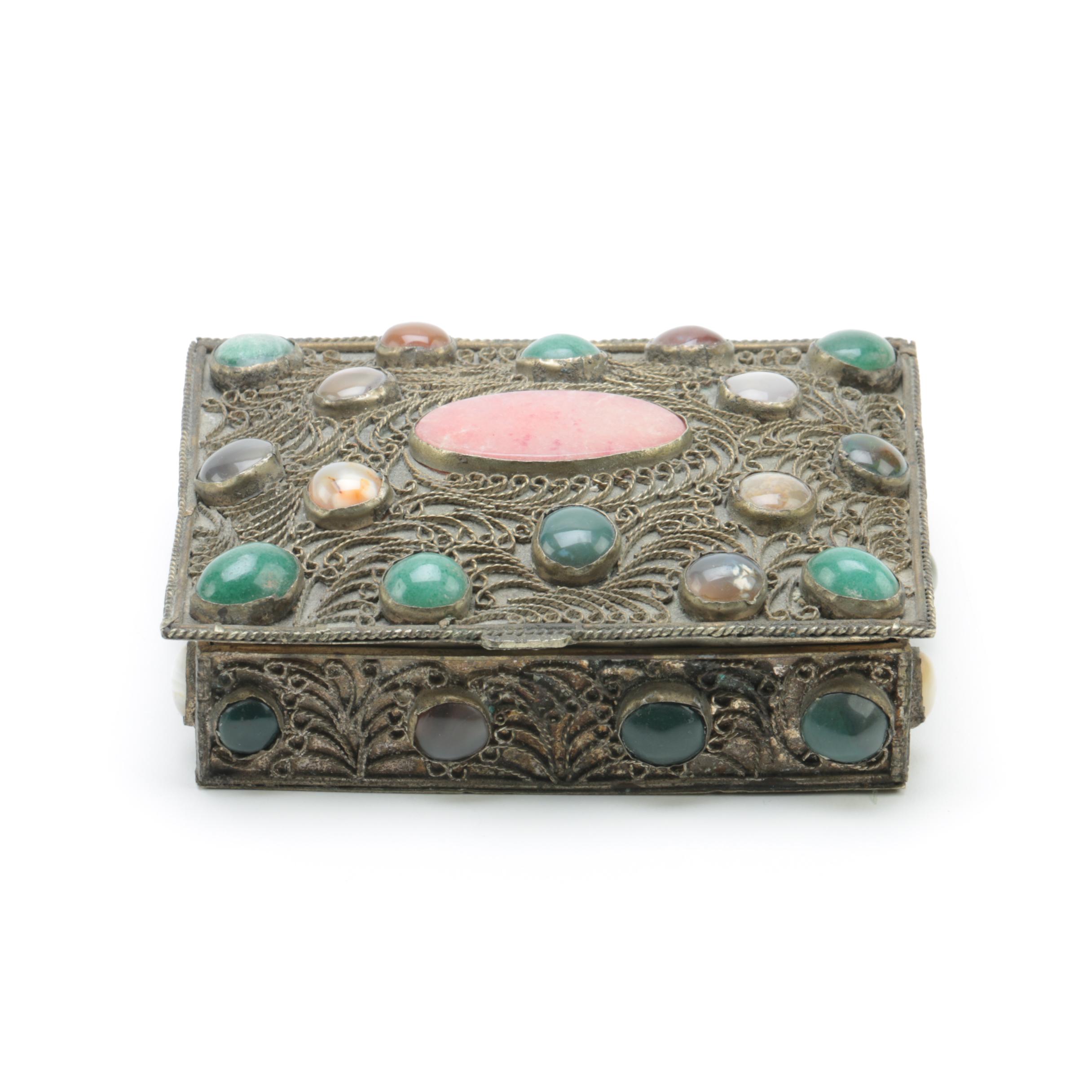 Cannetille Trinket Box with Agate, Dyed Quartz and Glass Cabochons