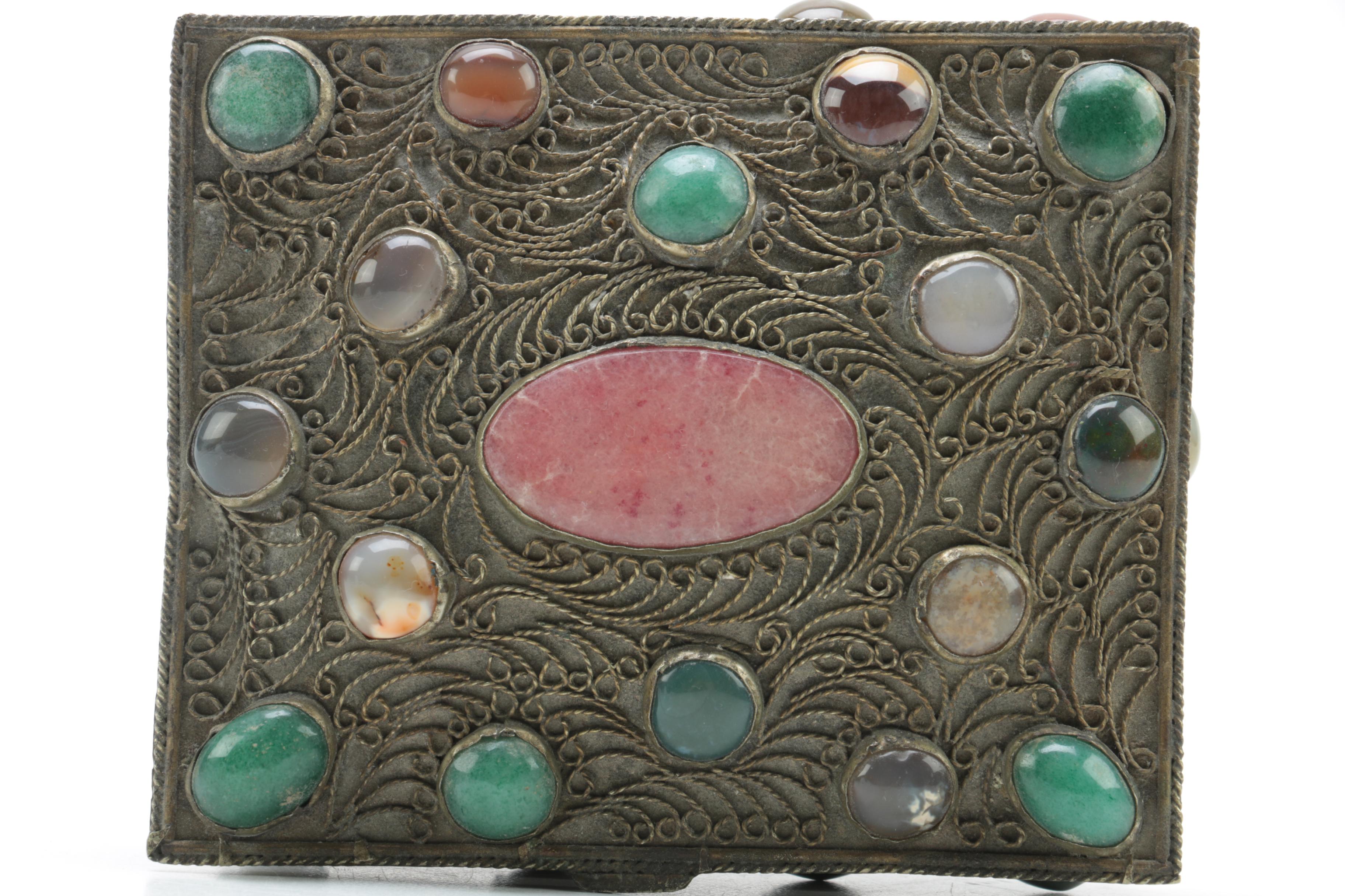 Cannetille Trinket Box with Agate, Dyed Quartz and Glass Cabochons