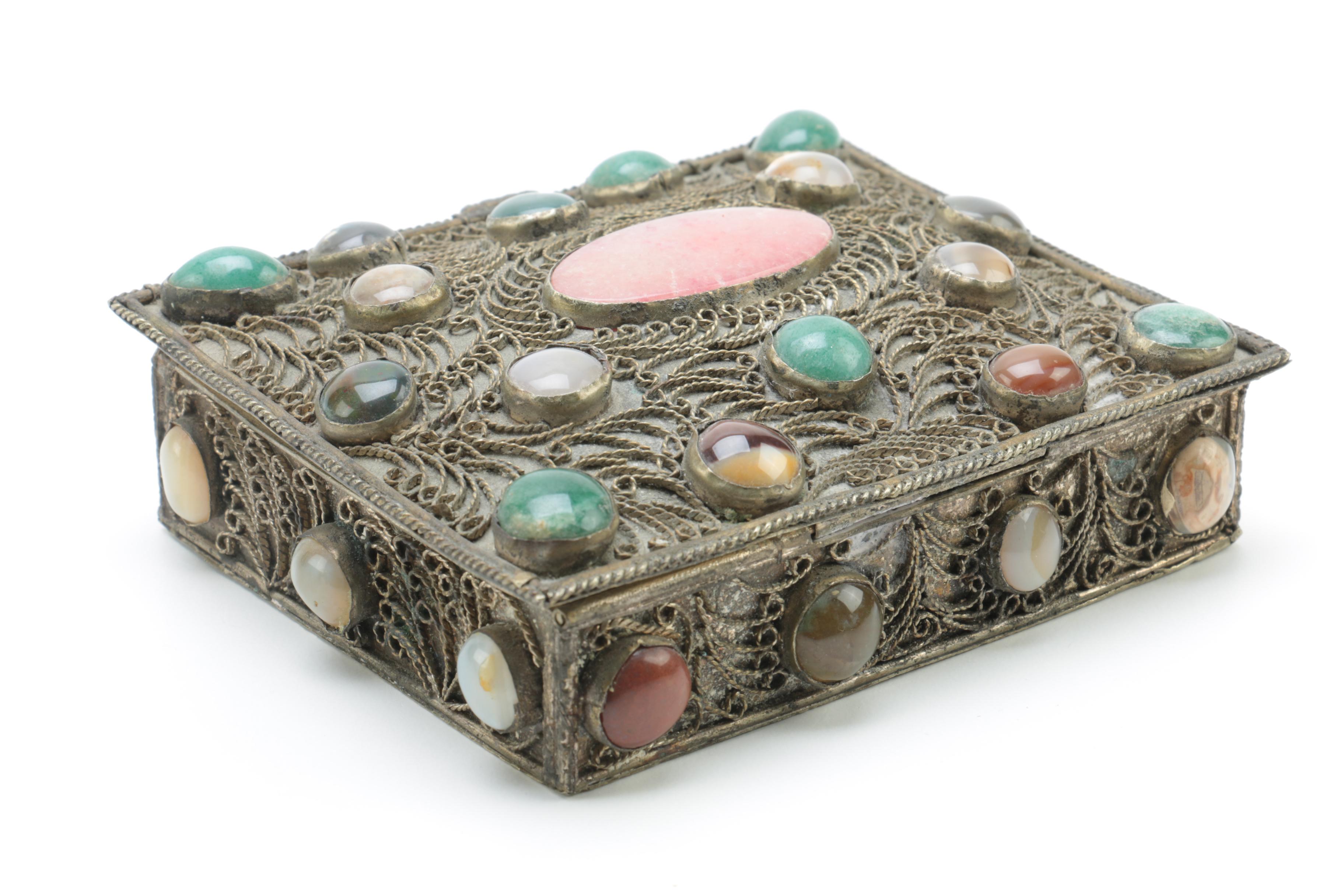 Cannetille Trinket Box with Agate, Dyed Quartz and Glass Cabochons