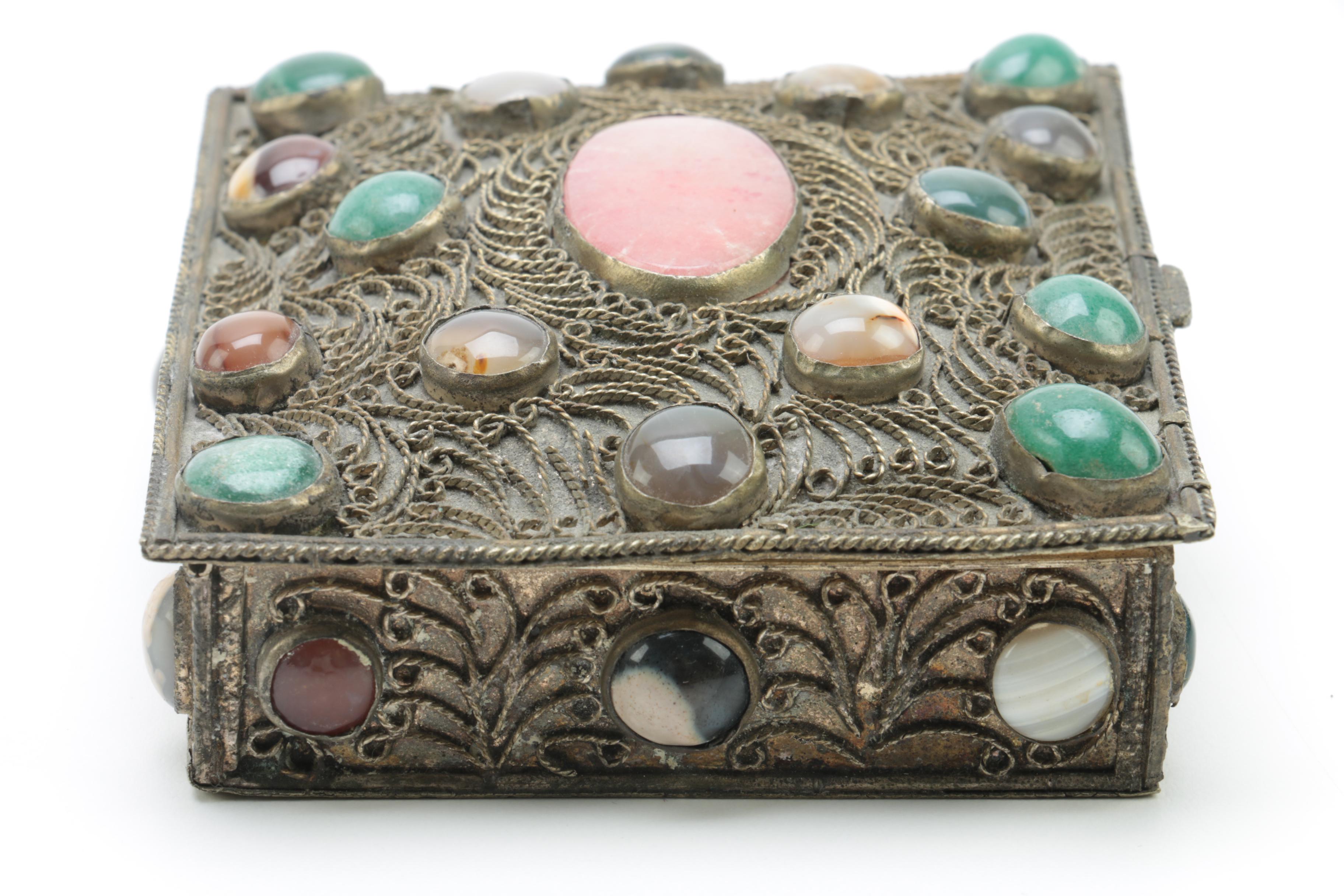 Cannetille Trinket Box with Agate, Dyed Quartz and Glass Cabochons