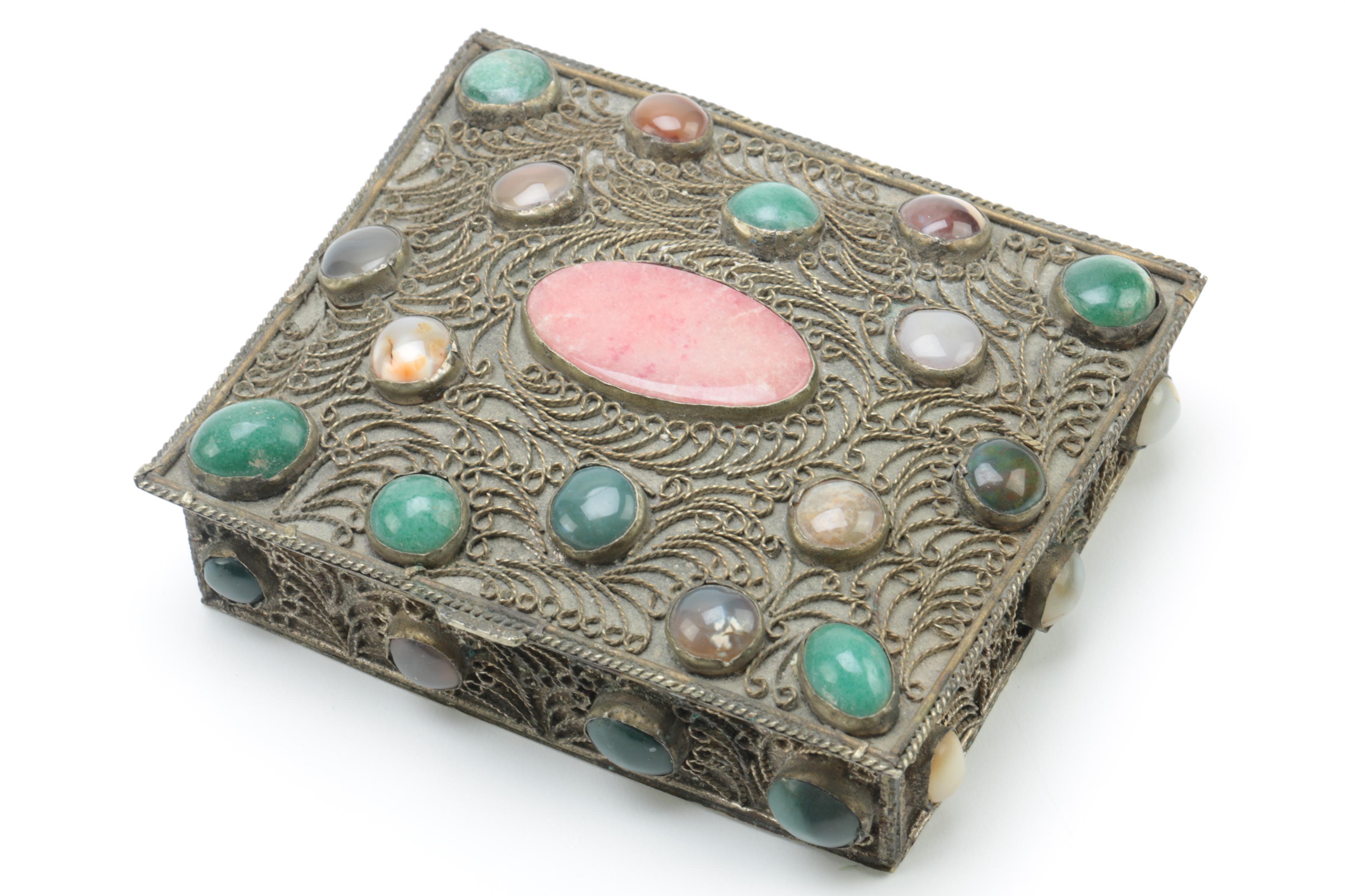 Cannetille Trinket Box with Agate, Dyed Quartz and Glass Cabochons