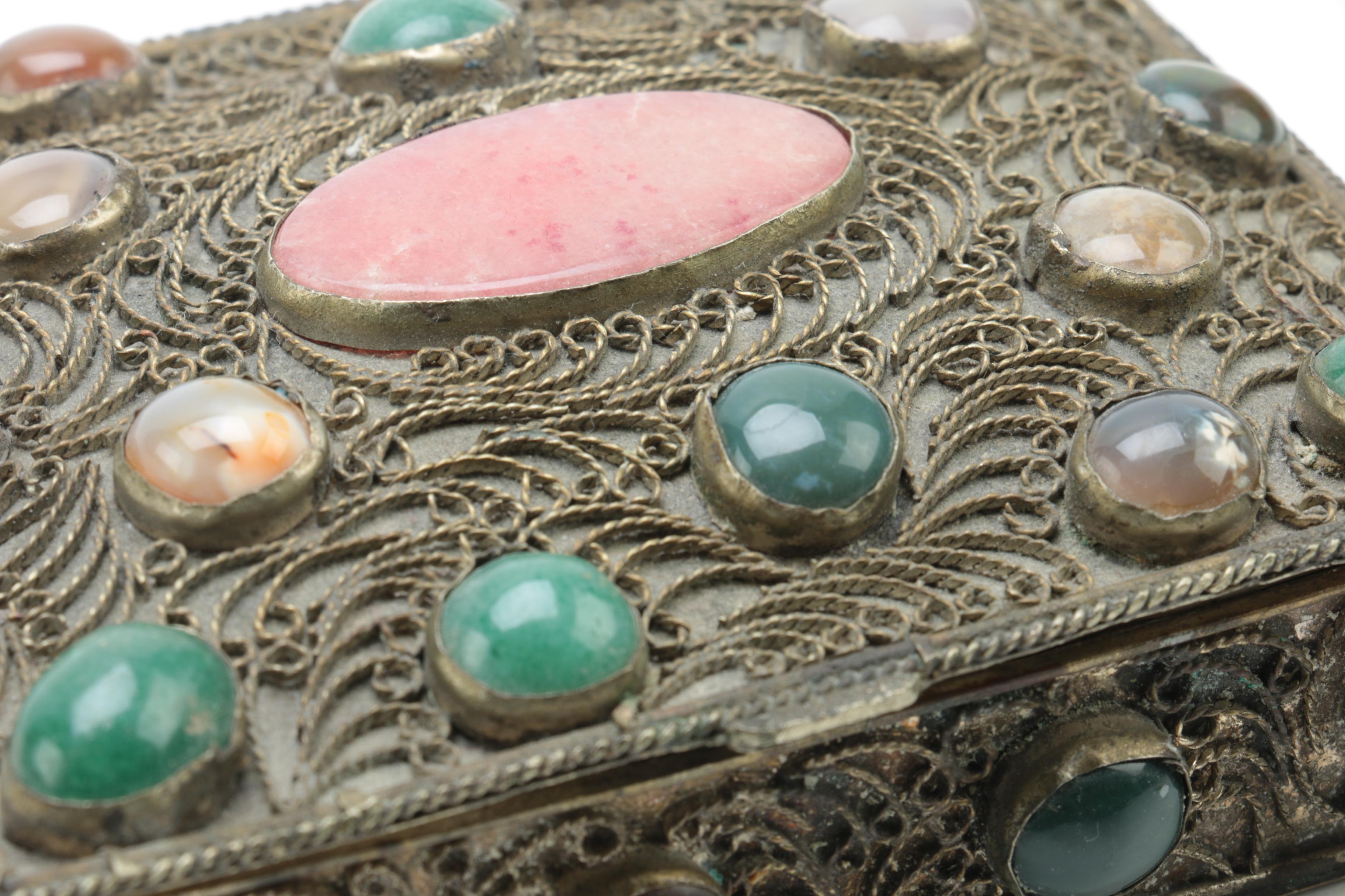 Cannetille Trinket Box with Agate, Dyed Quartz and Glass Cabochons