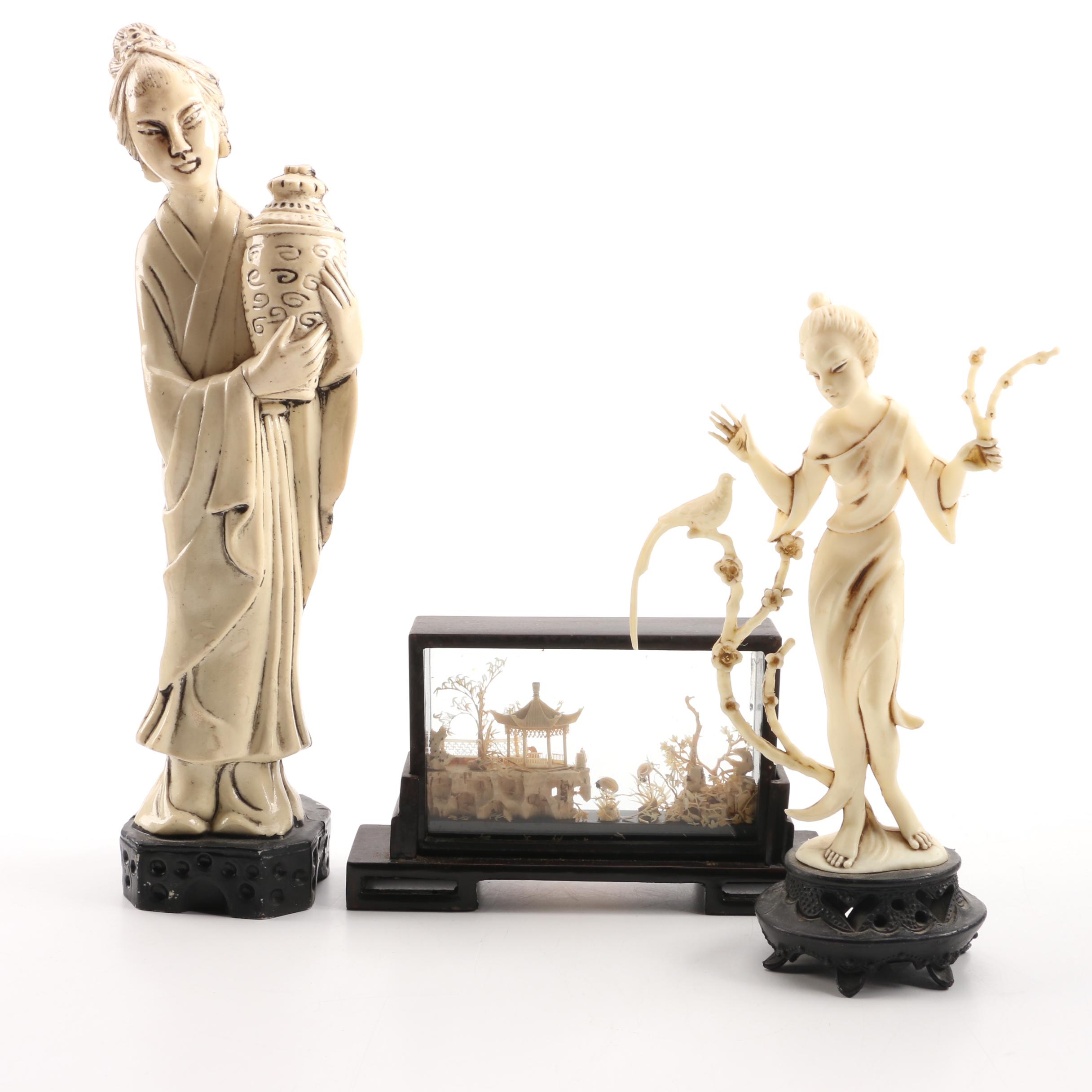 Chinese Inspired Figurines and Carved Cork Diorama