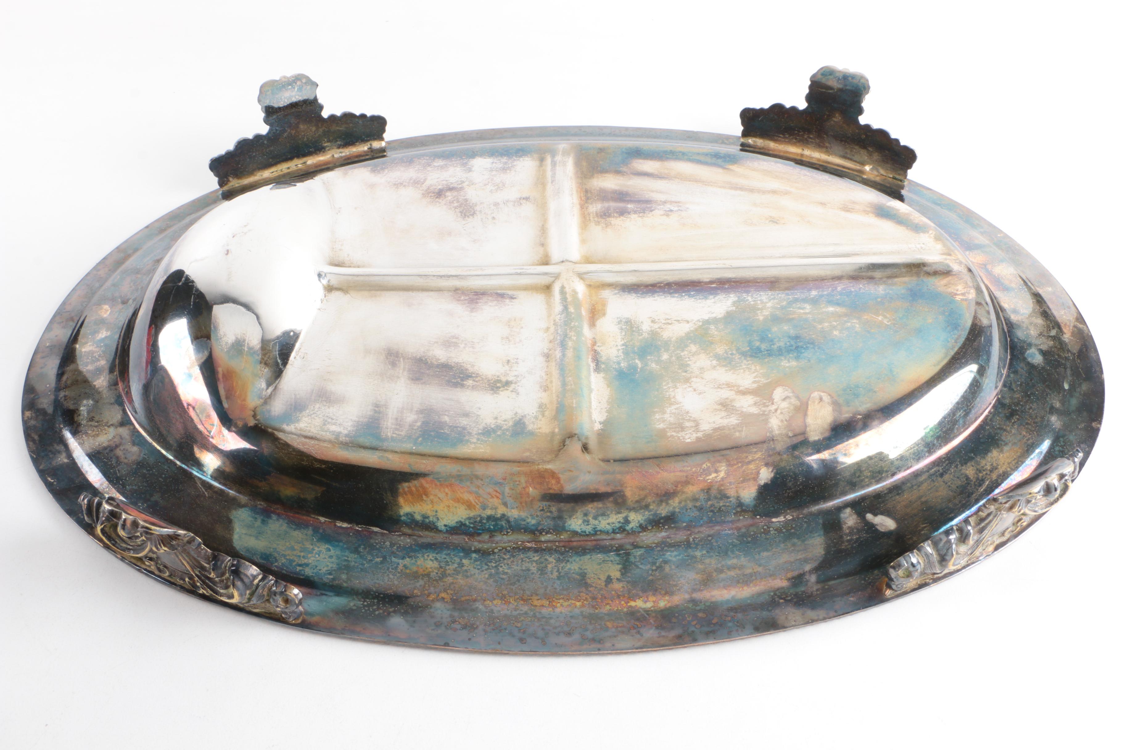 Keane Family Crest Engraved Silver Plate Meat Dome and Footed Tray