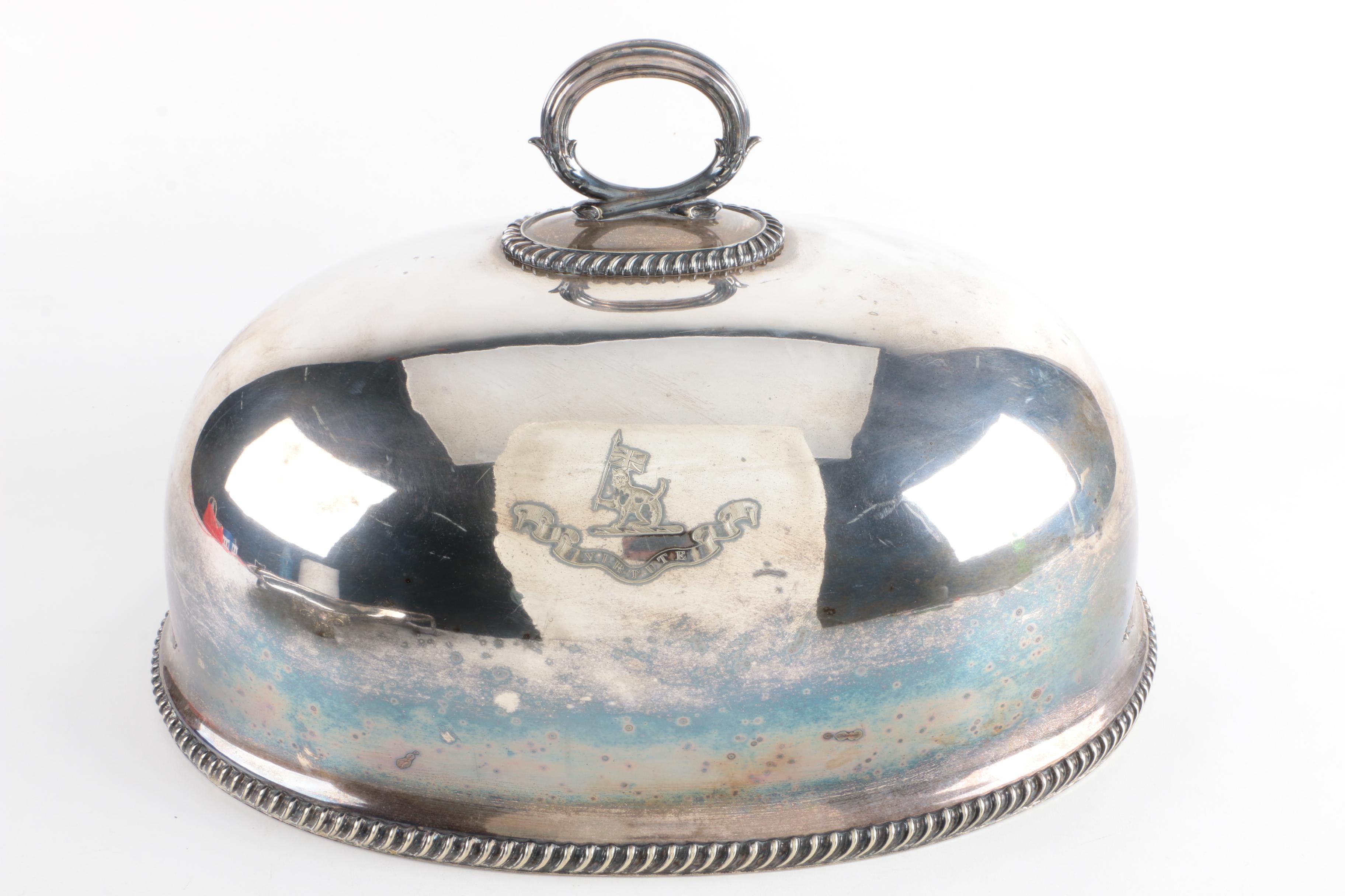 Keane Family Crest Engraved Silver Plate Meat Dome and Footed Tray