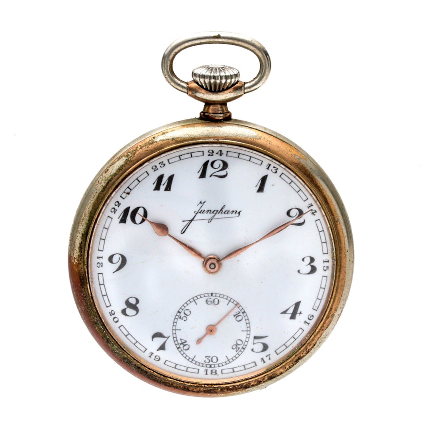 Vintage Junghan's Gold-Tone White Dial Open Face Pocket Watch