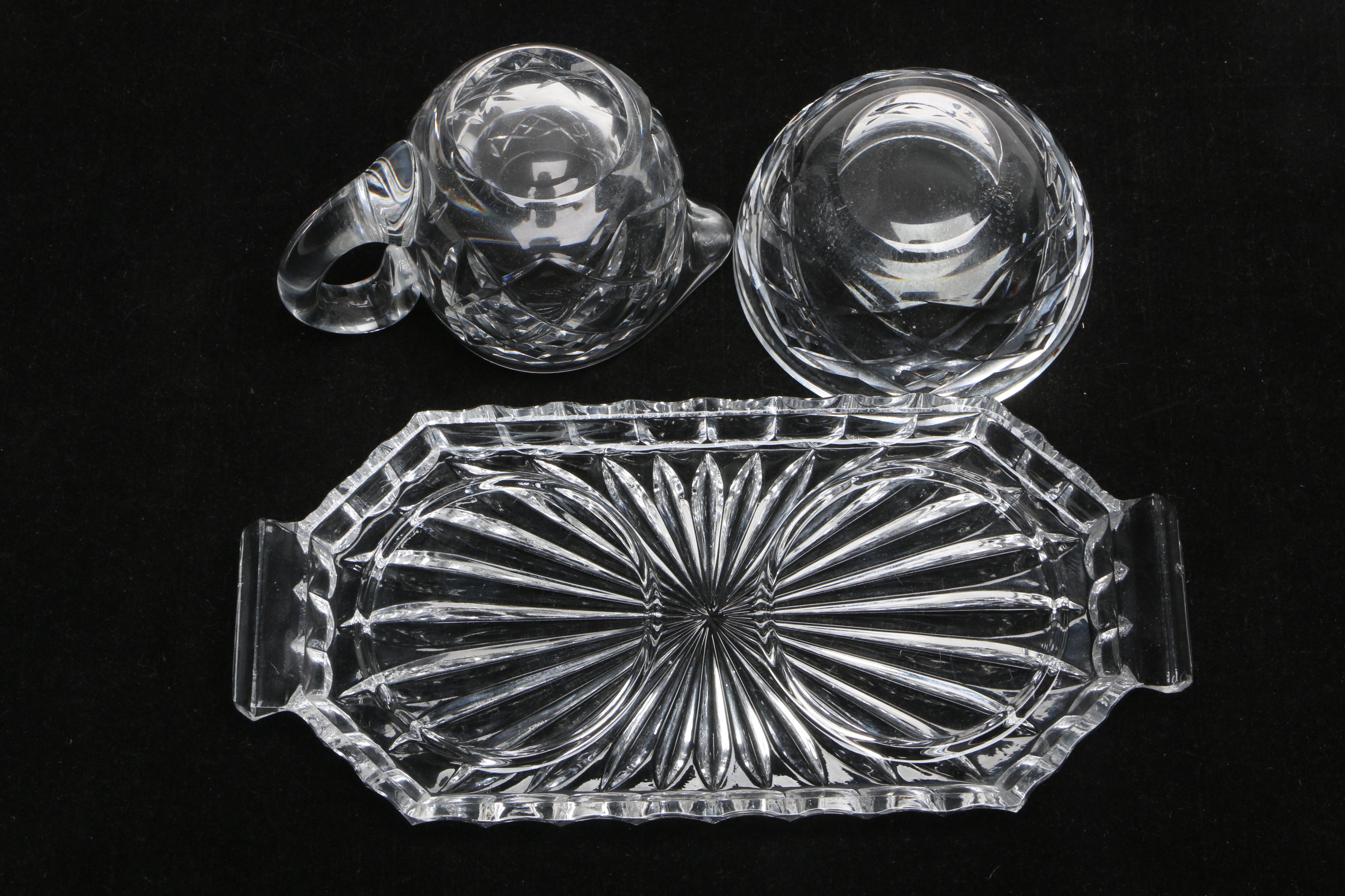 Waterford Crystal Mini Creamer and Open Sugar Bowl with Crystal Tray
