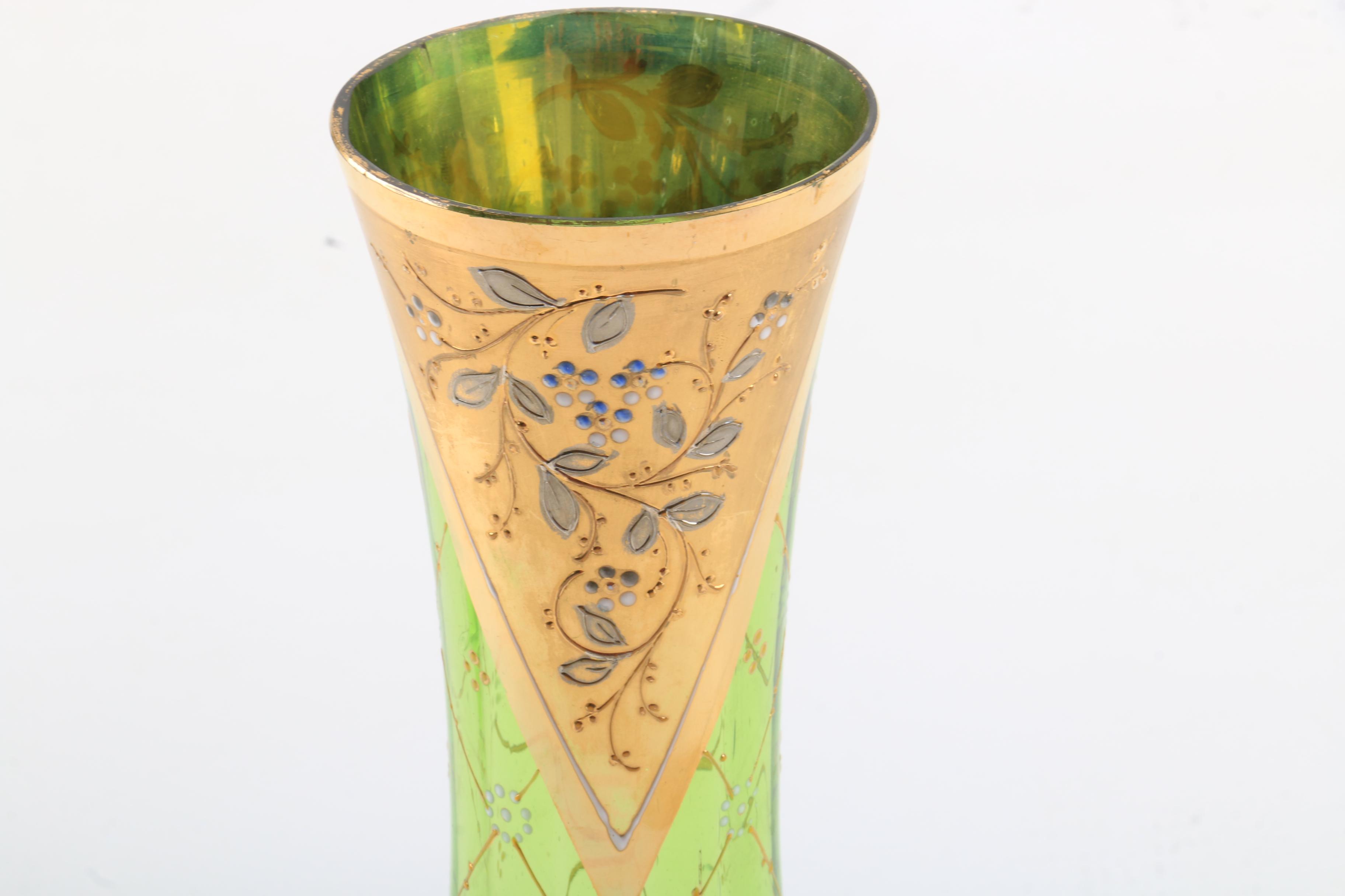 Vintage Bohemian Gilt Green Glass Vase