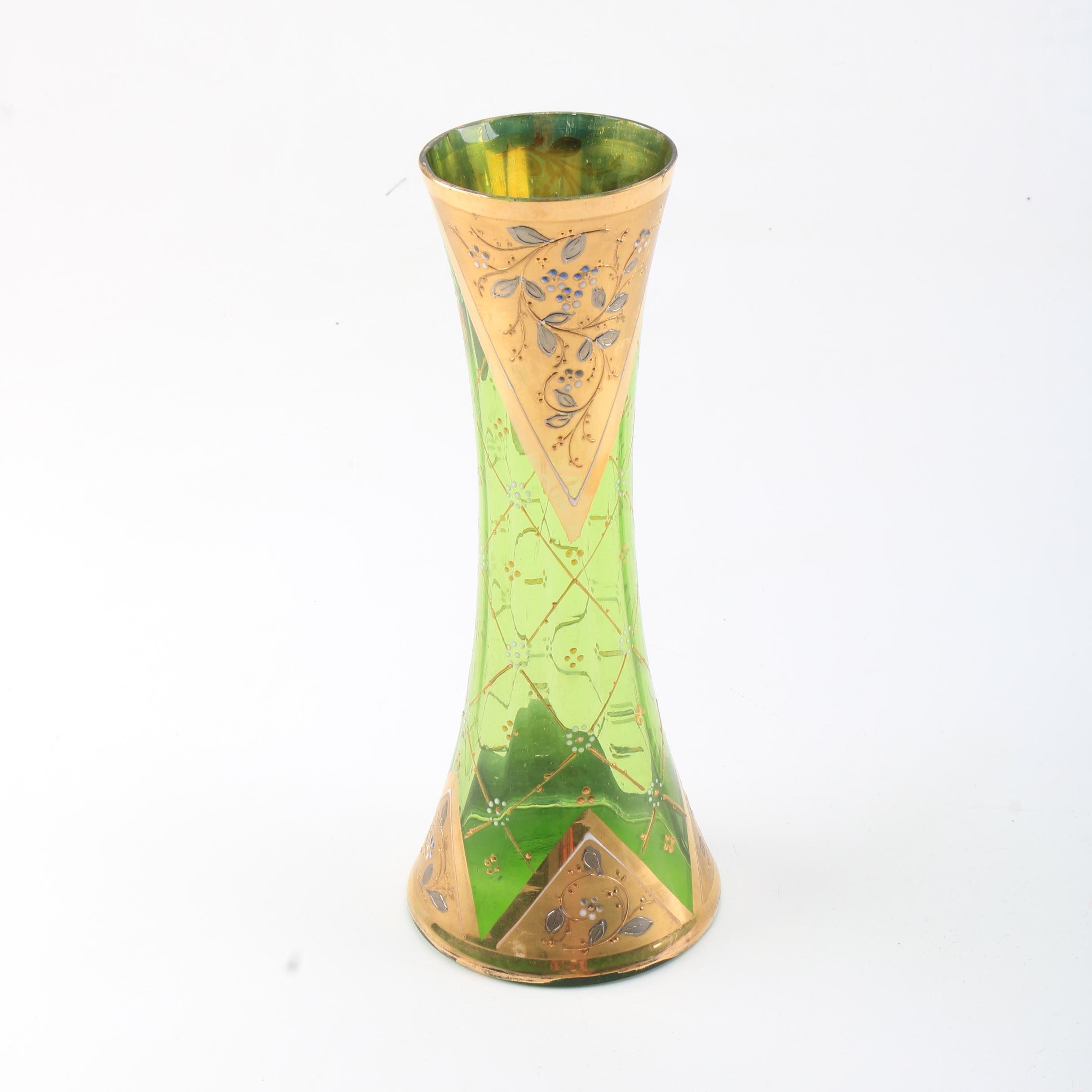 Vintage Bohemian Gilt Green Glass Vase