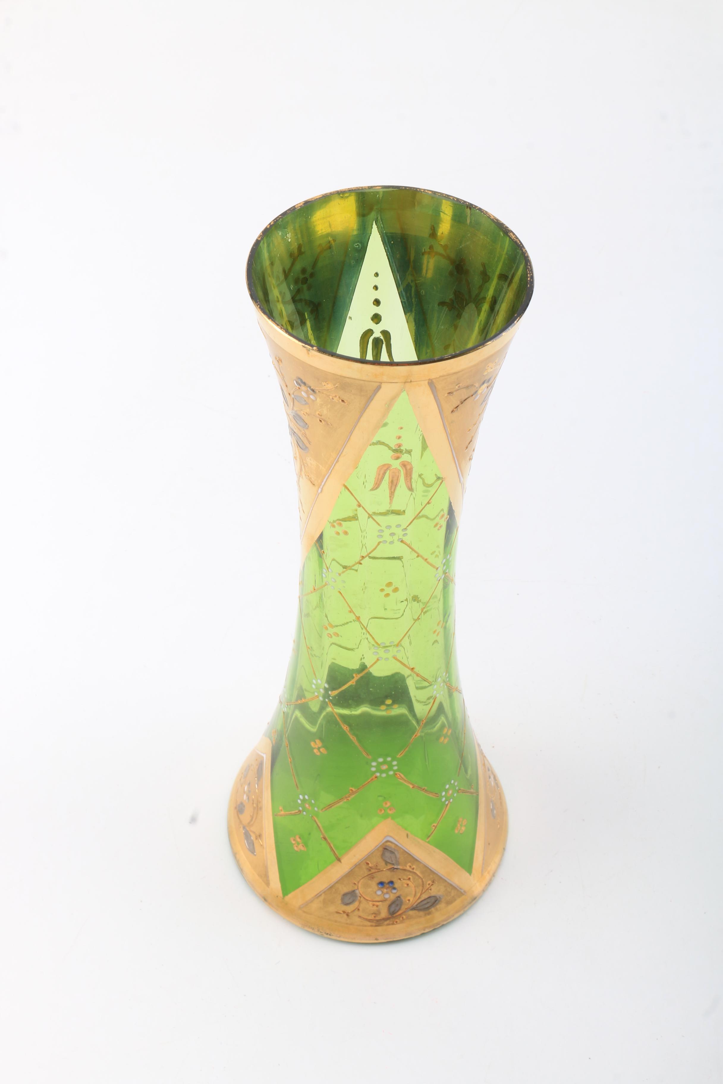 Vintage Bohemian Gilt Green Glass Vase