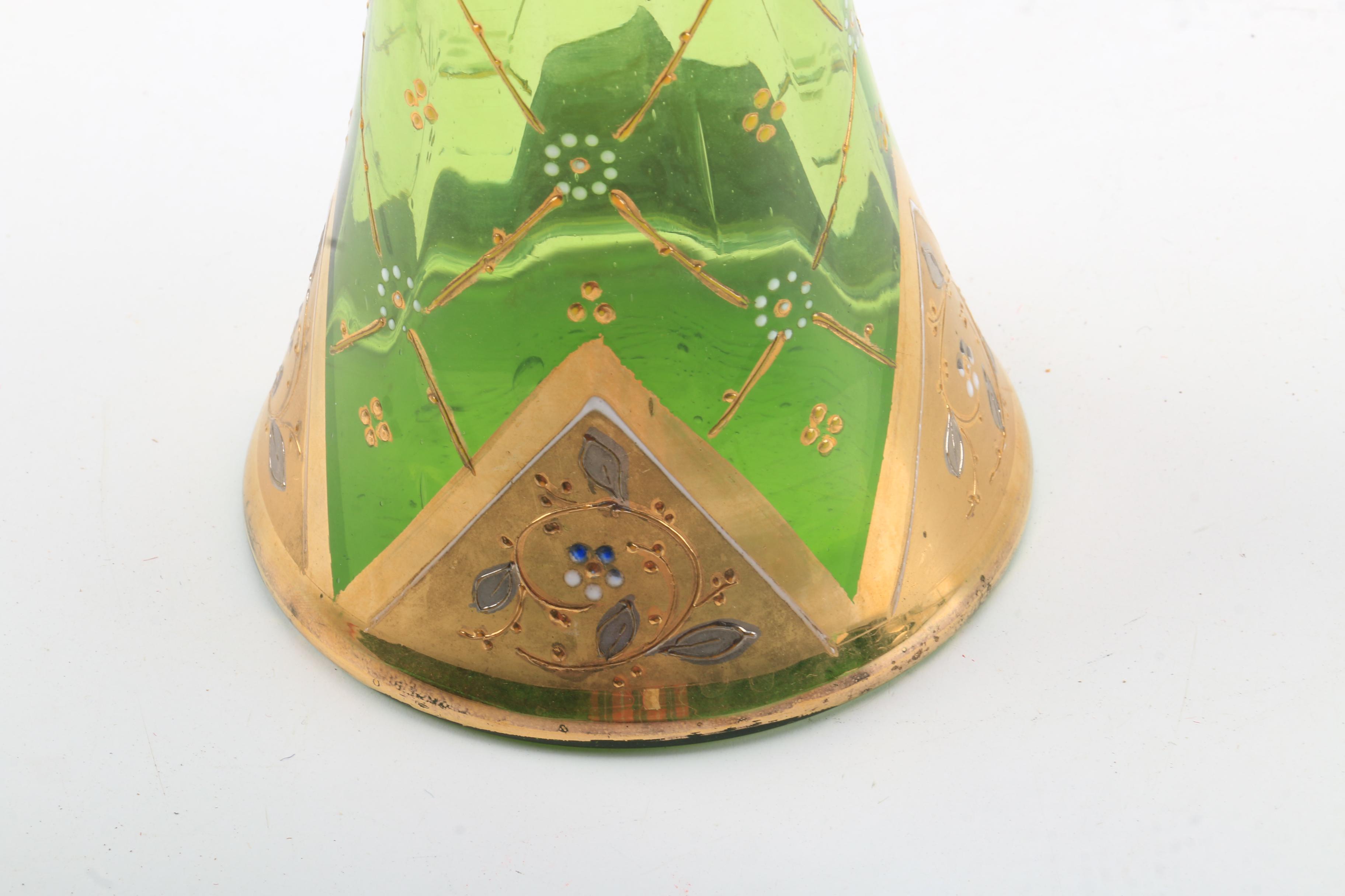 Vintage Bohemian Gilt Green Glass Vase