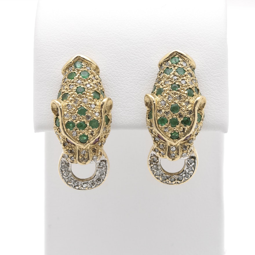 14K Yellow Gold Emerald, Ruby and Diamond Panther Earrings