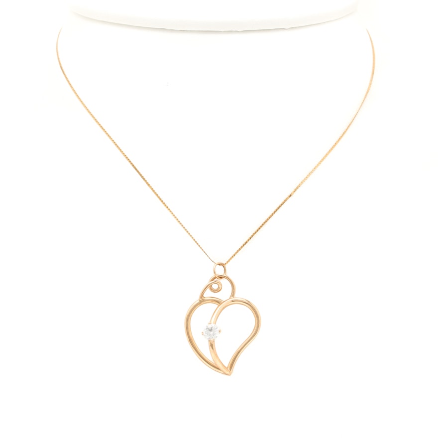 14K Yellow Gold Cubic Zirconia Openwork Heart Necklace