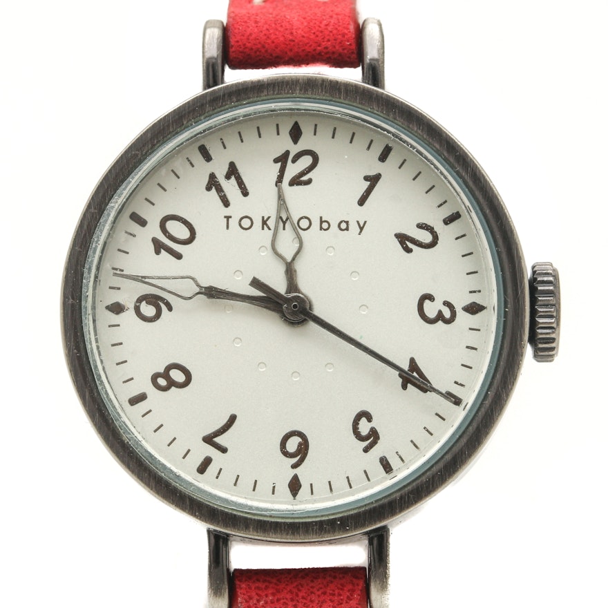 TOKYObay Stainless Steel Wristwatch With Red Leather Strap