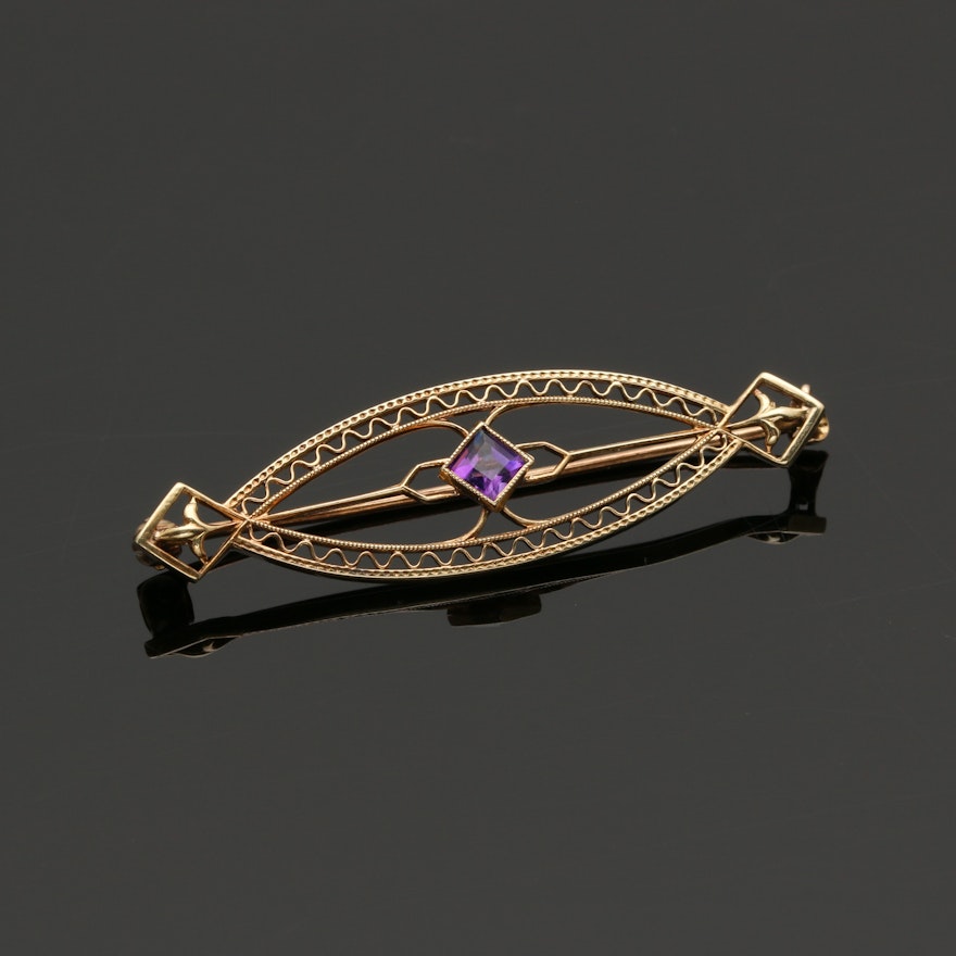 14K Yellow Gold Amethyst Brooch