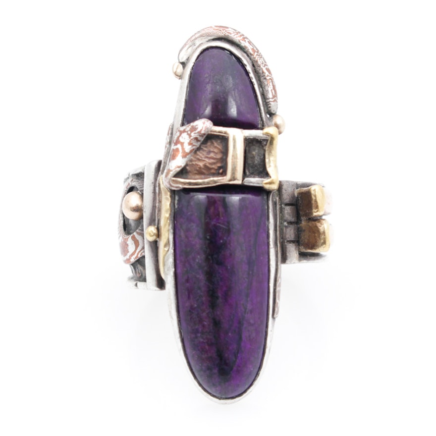 Sterling Silver 14K Yellow Gold and Natural Charoite Ring