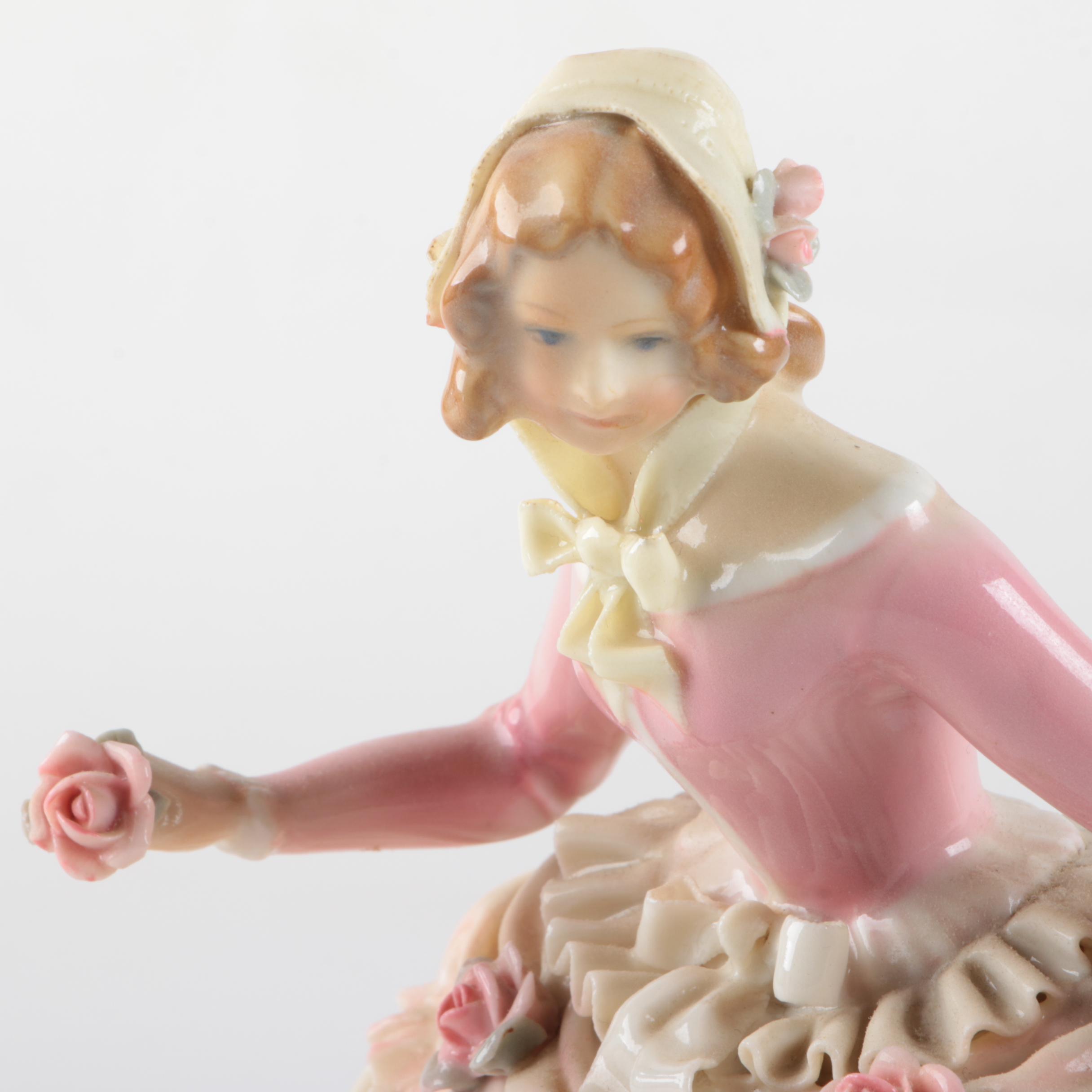 Vintage Karl Ens Volkstedt Porcelain Woman in Ruffled Dress Figurine