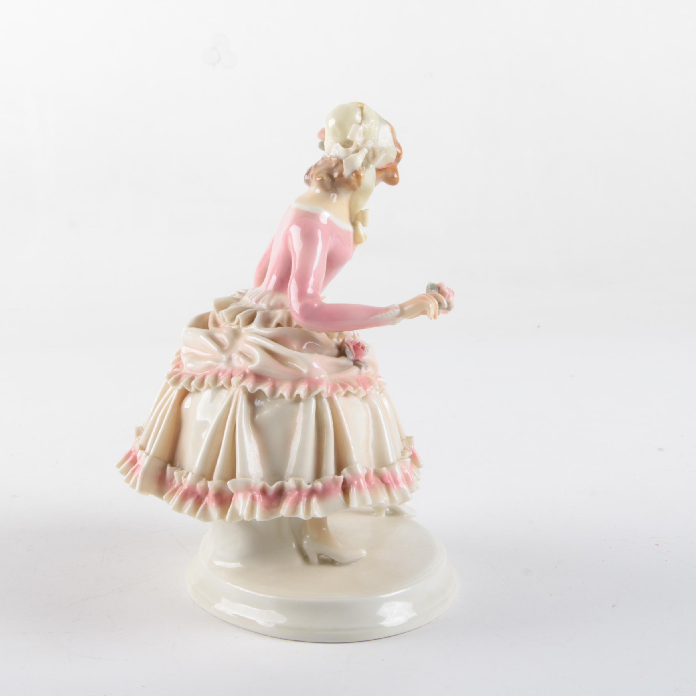Vintage Karl Ens Volkstedt Porcelain Woman in Ruffled Dress Figurine