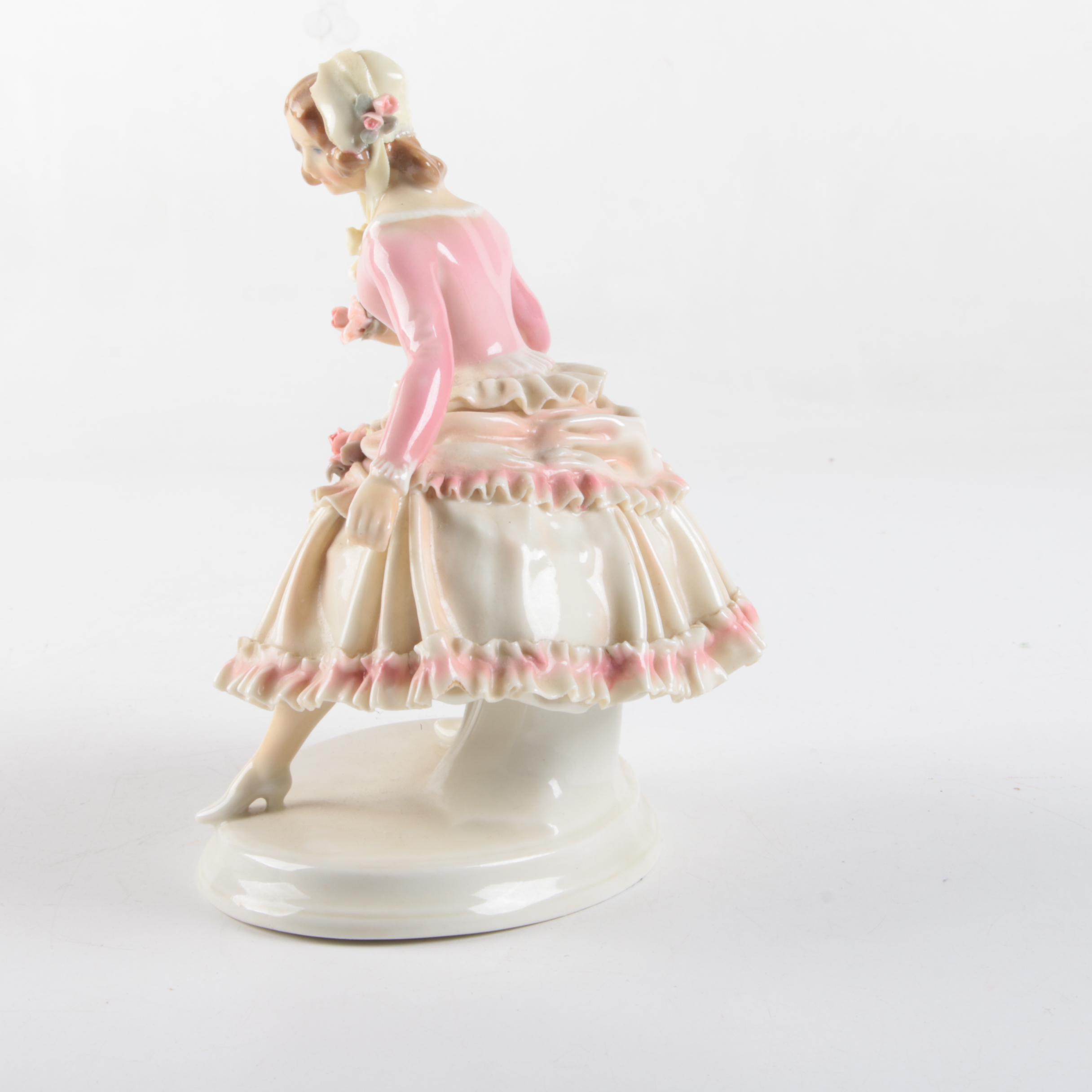 Vintage Karl Ens Volkstedt Porcelain Woman in Ruffled Dress Figurine