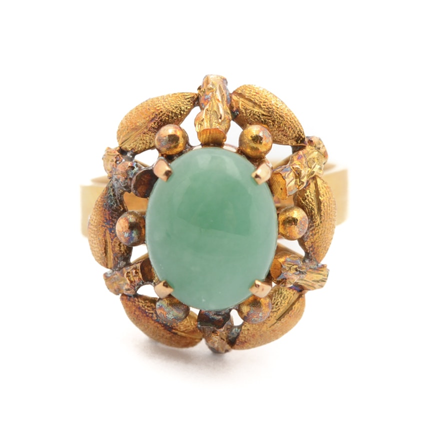 14K Yellow Gold Oval Nephrite Cabochon Ring