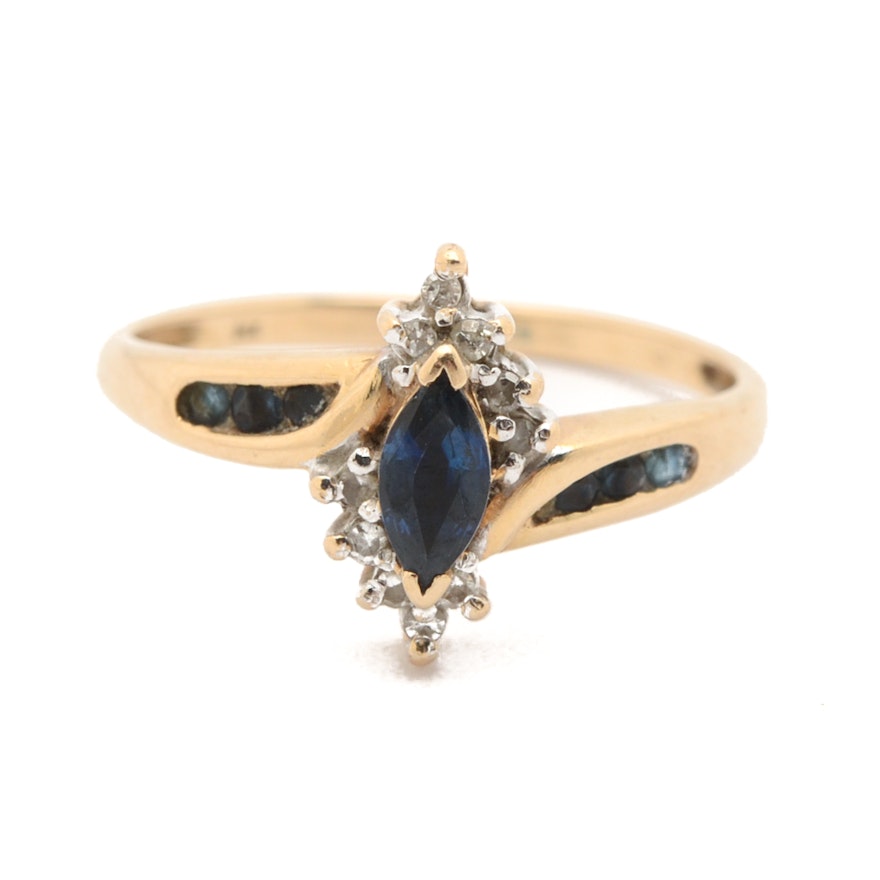 14K Yellow Gold Marquise Sapphire and Diamond Bypass Ring