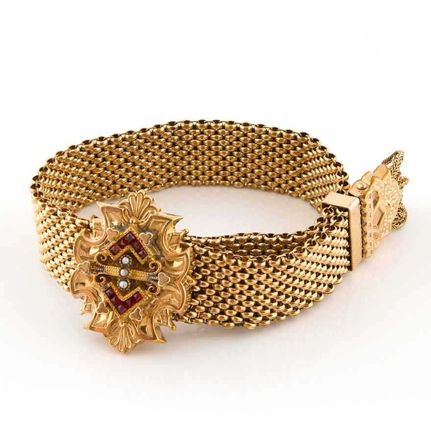 Antique Gold Tone Mesh Buckle Bracelet with French Cut Glass and Seeded Pearls