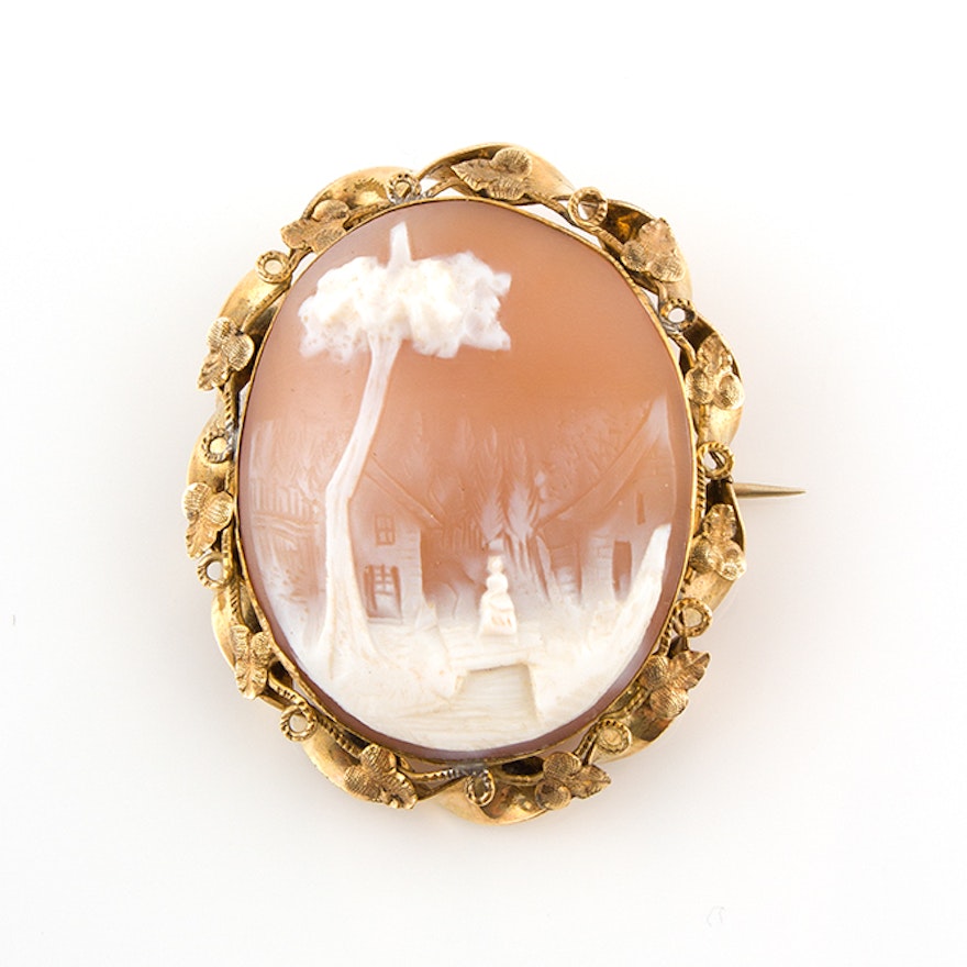 Antique Carved Helmet Shell Cameo Brooch