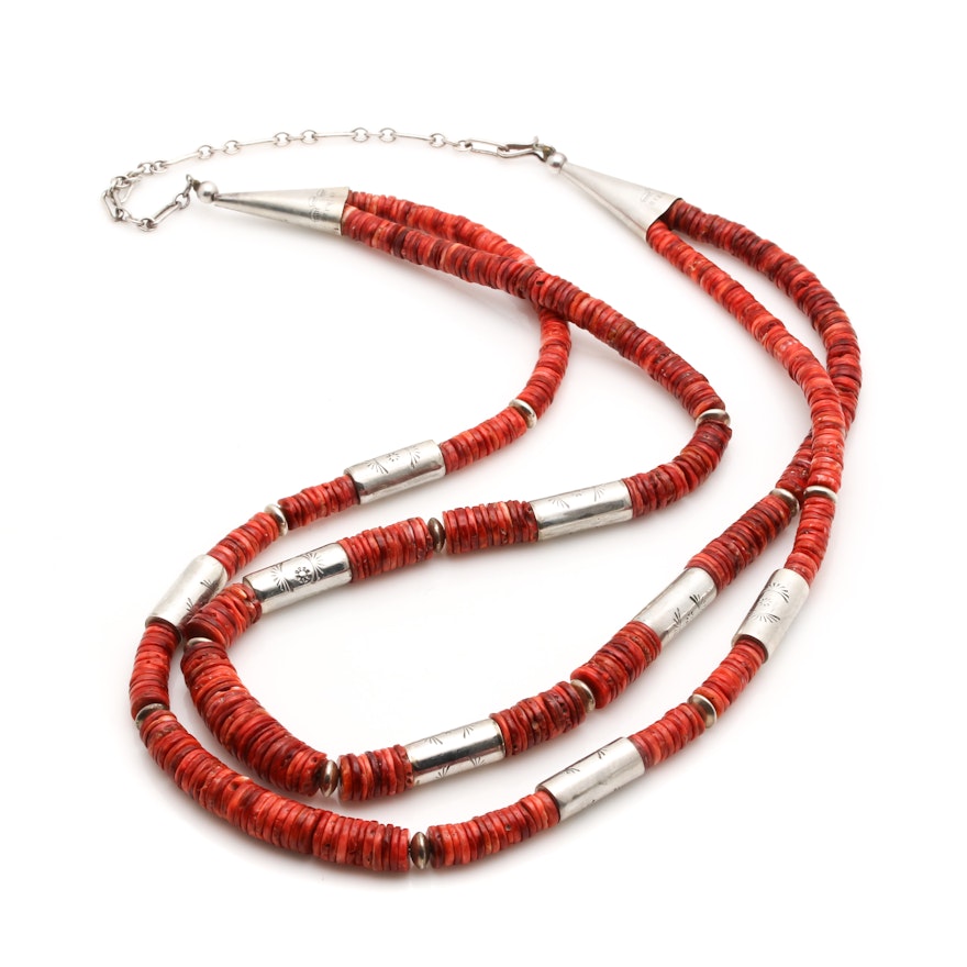 Daniel Coriz Southwestern Style Sterling Silver Coral Necklace