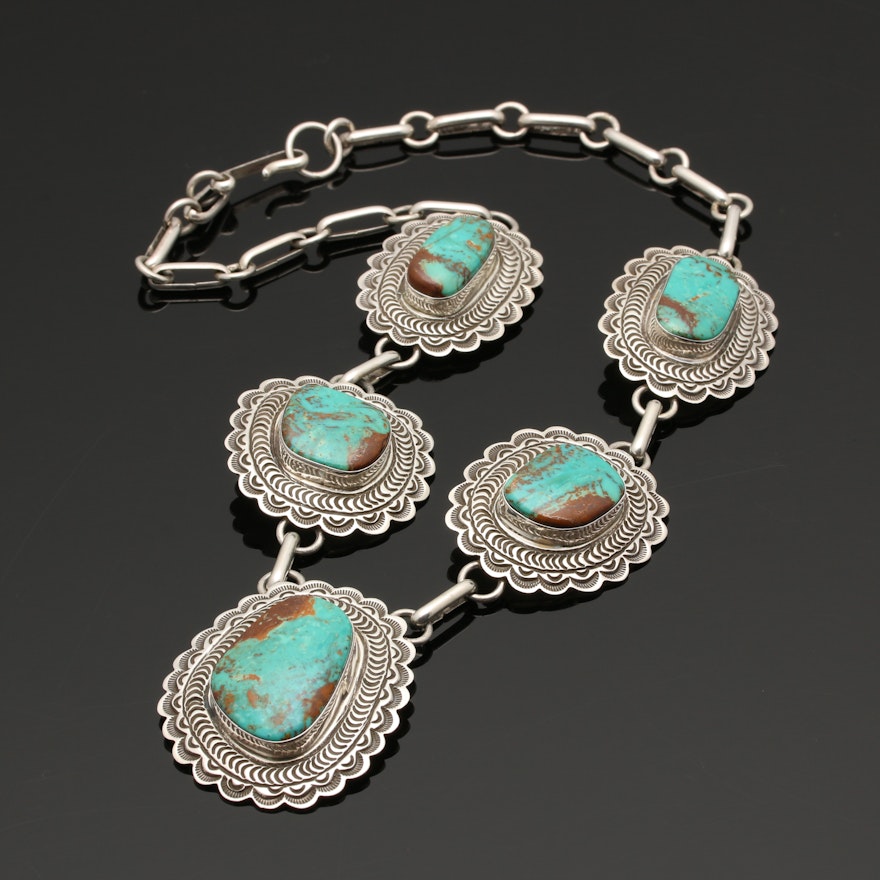 Alex Sanchez Native American Sterling Silver Turquoise Concho Necklace