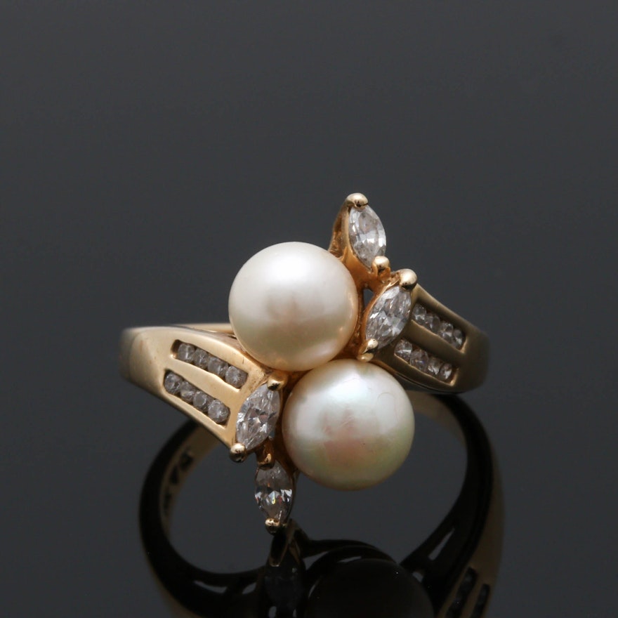 14K Yellow Gold Cultured Pearl and Cubic Zirconia Ring