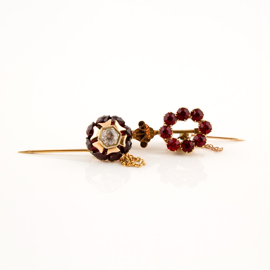 Victorian 14K and 10K Gold and Sterling Flower Pins Featuring Garnets