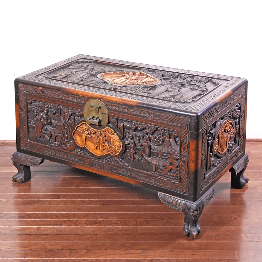 Chinese Carved Wood Trunk Table with Glass Top