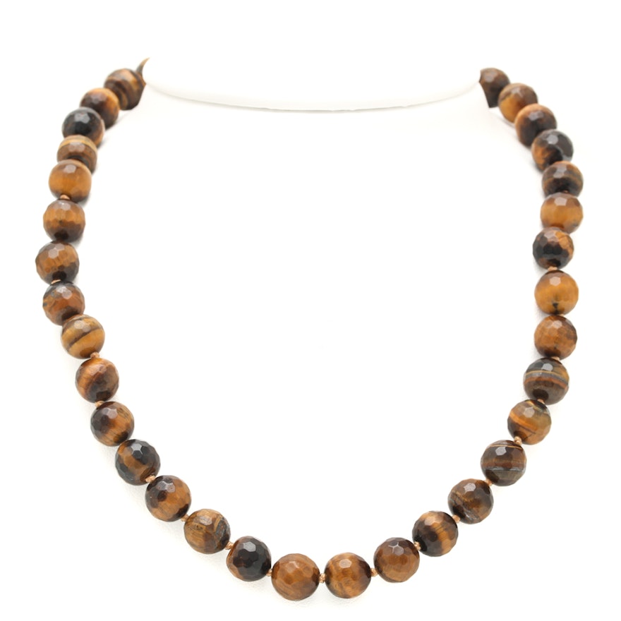 14K Yellow Gold Tiger's Eye Beaded Necklace