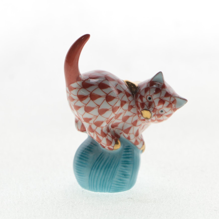 Herend Hungary "Mischievous Cat On Yarn" Porcelain Figurine