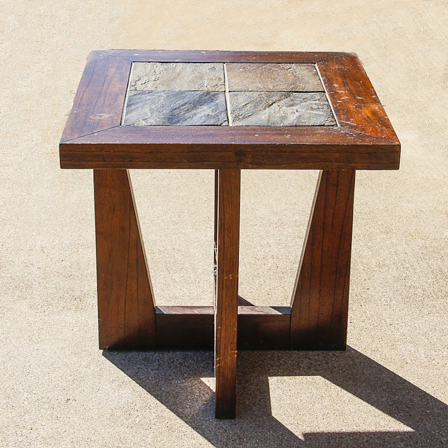 Mid Century Modern Style End Table with Slate Top
