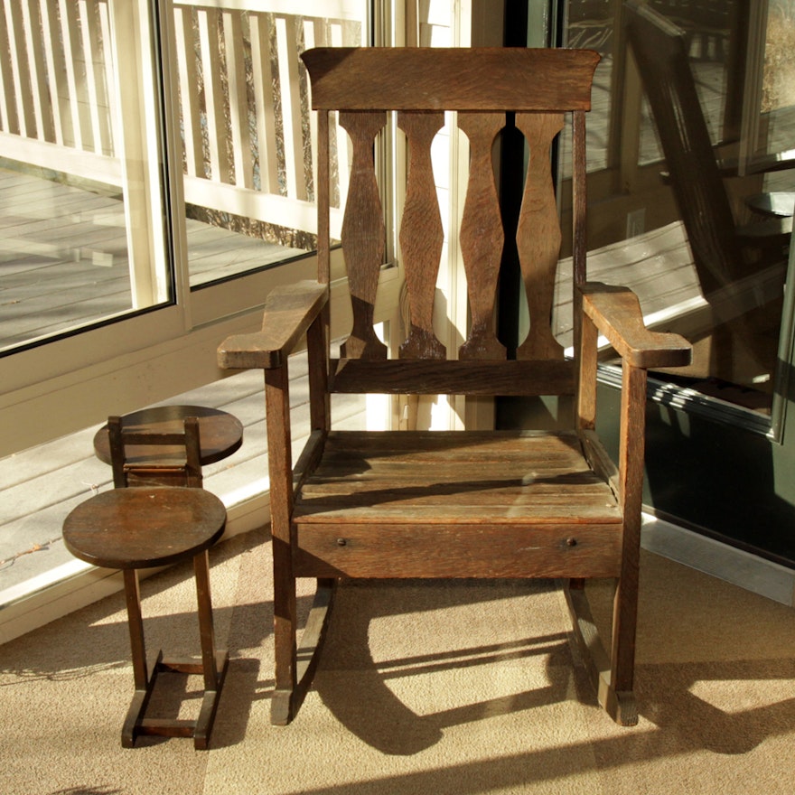 Vintage Oak Rocking Chair with Accent Table