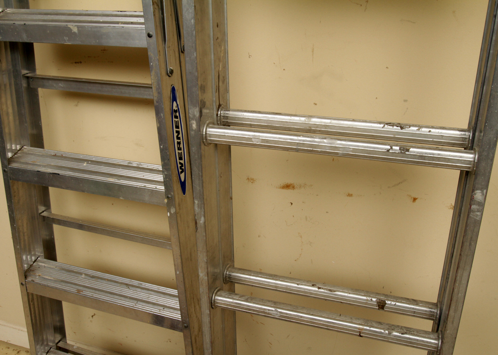 Wooden Step, Werner 6 FT Folding, and Davidson 16 FT Extension Ladders