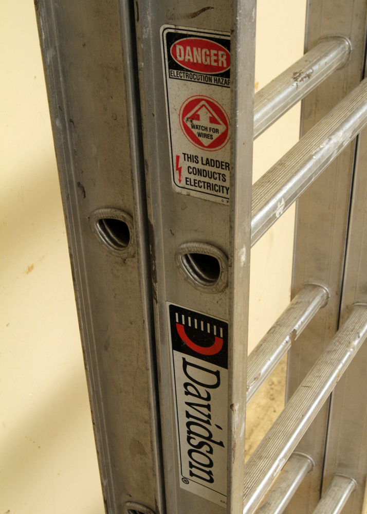 Wooden Step, Werner 6 FT Folding, and Davidson 16 FT Extension Ladders