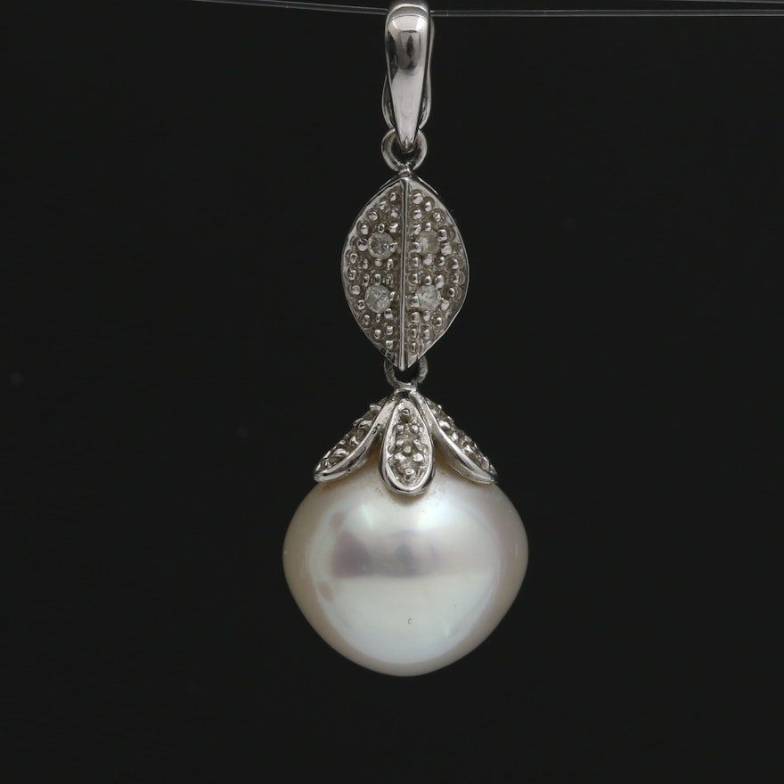 14K White Gold Cultured Pearl and Diamond Pearl Enchancer