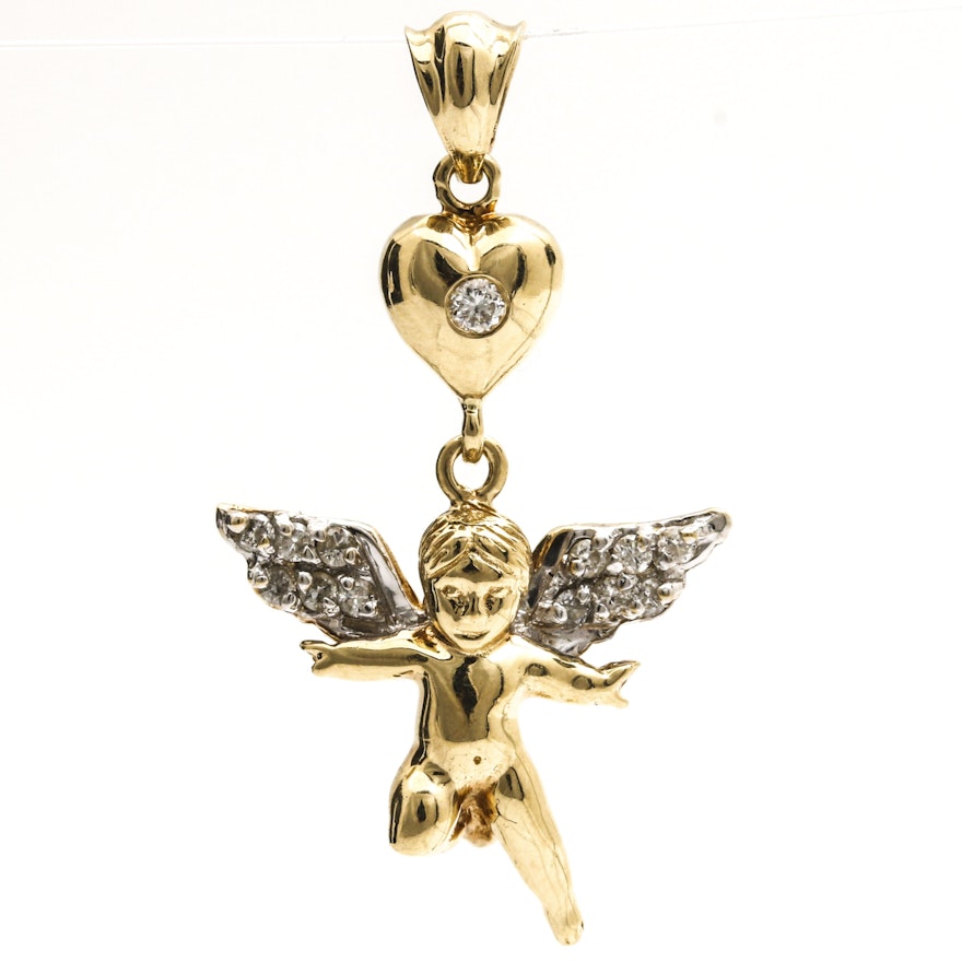 14K Yellow Gold Diamond Angel Pendant