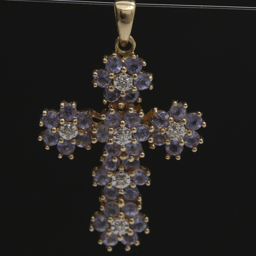 14K Yellow Gold Tanzanite and Diamond Cross Pendant