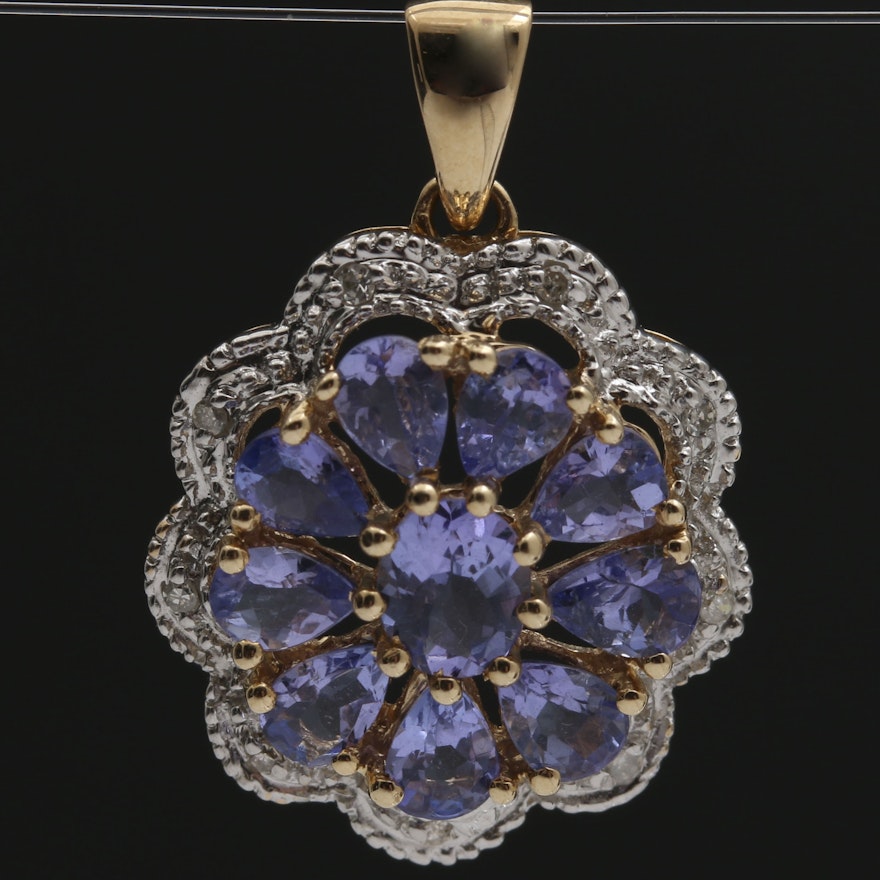 14K Yellow Gold Tanzanite and Diamond Pendant with White Gold Accents