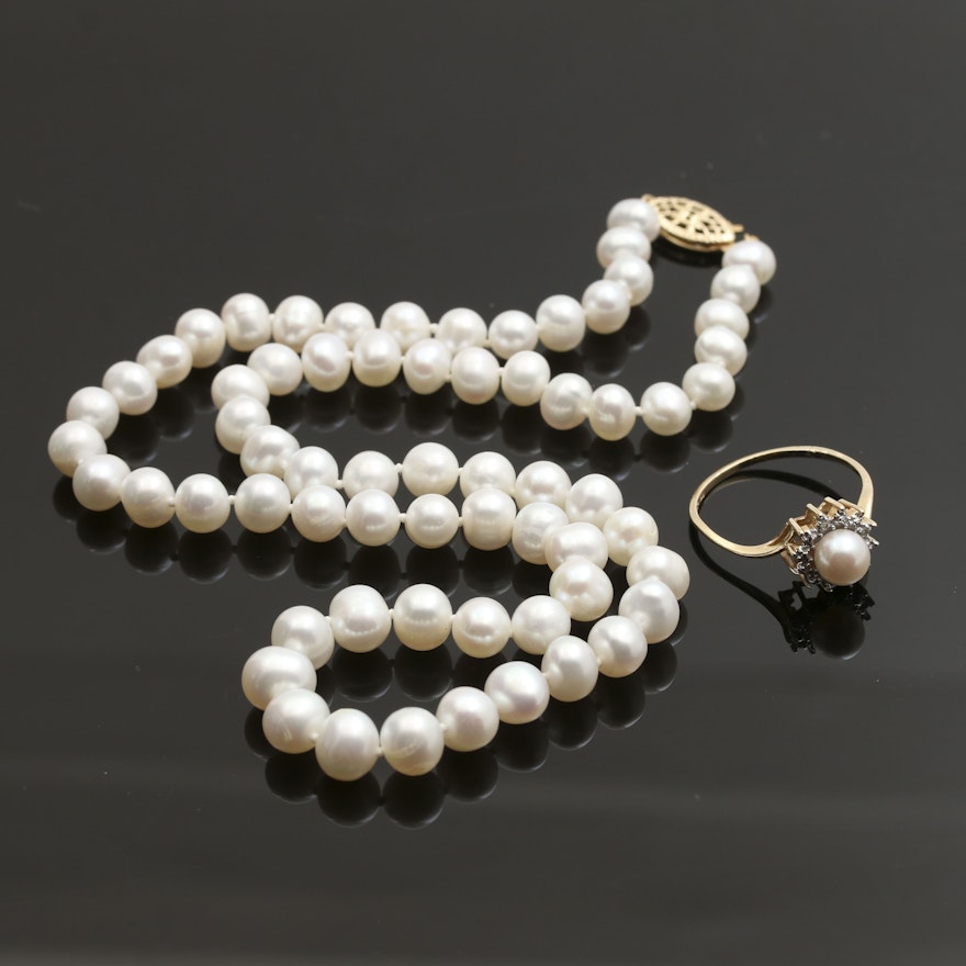 10K Yellow Gold Ring and Gold Filled Cultured Pearl Necklace