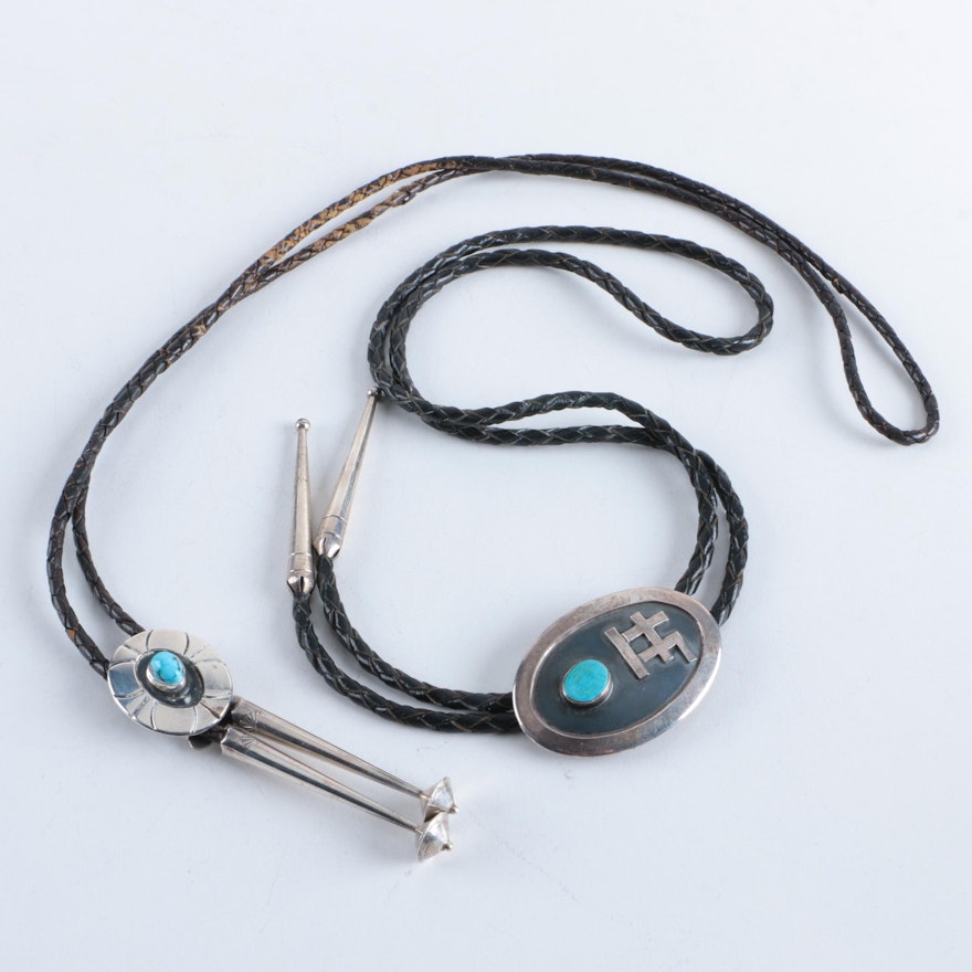 Sterling Silver and Leather Bolo Ties with Turquoise