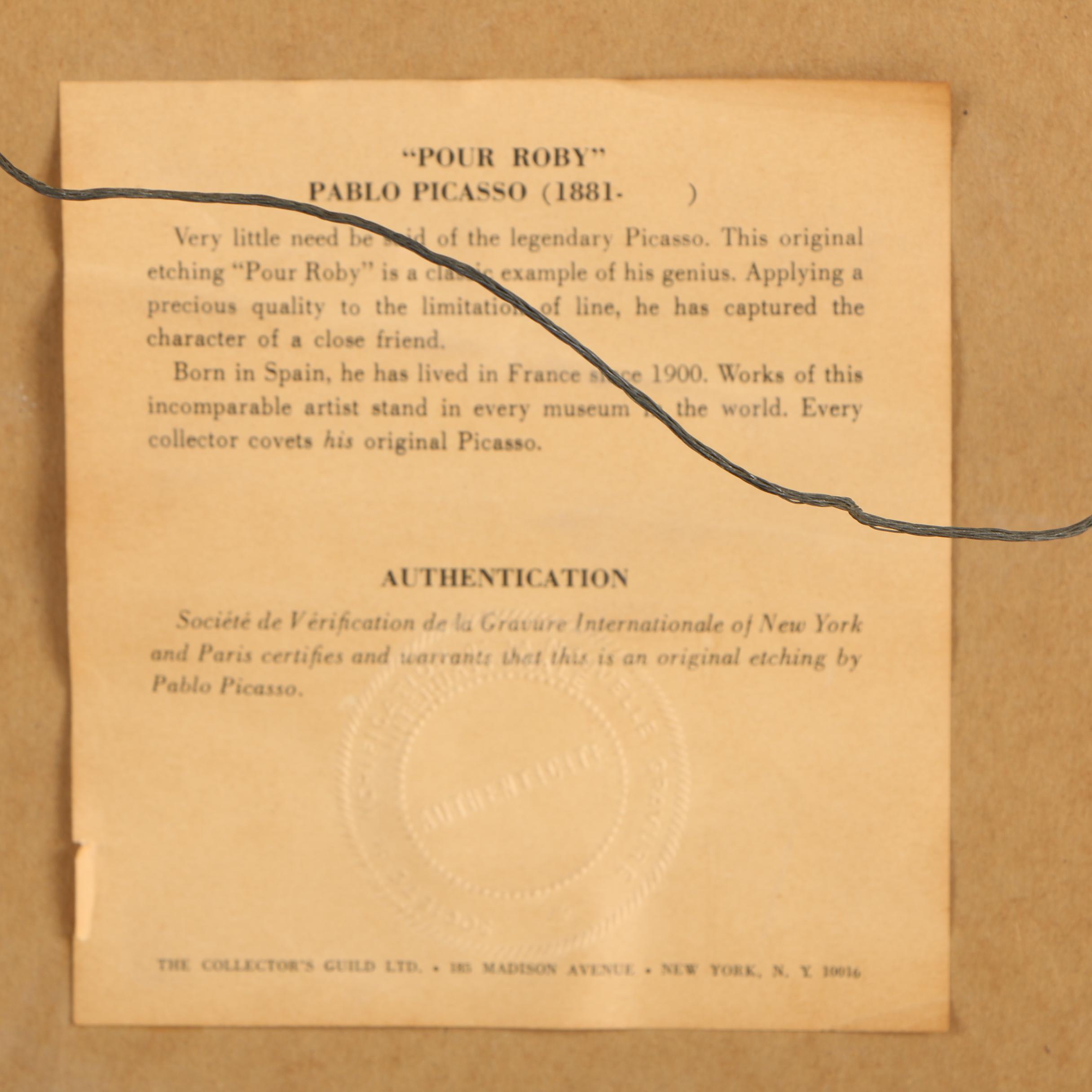 Restrike Etching After Pablo Picasso "Pour Roby"