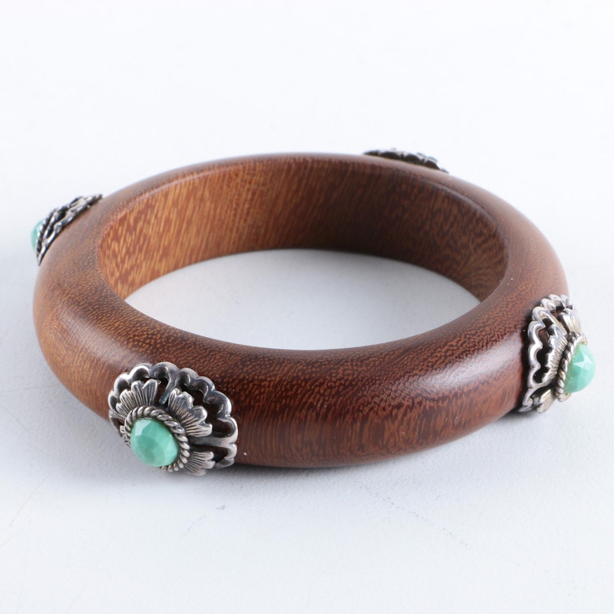 Sterling Silver Accented Wood Bangle Bracelet with Glass