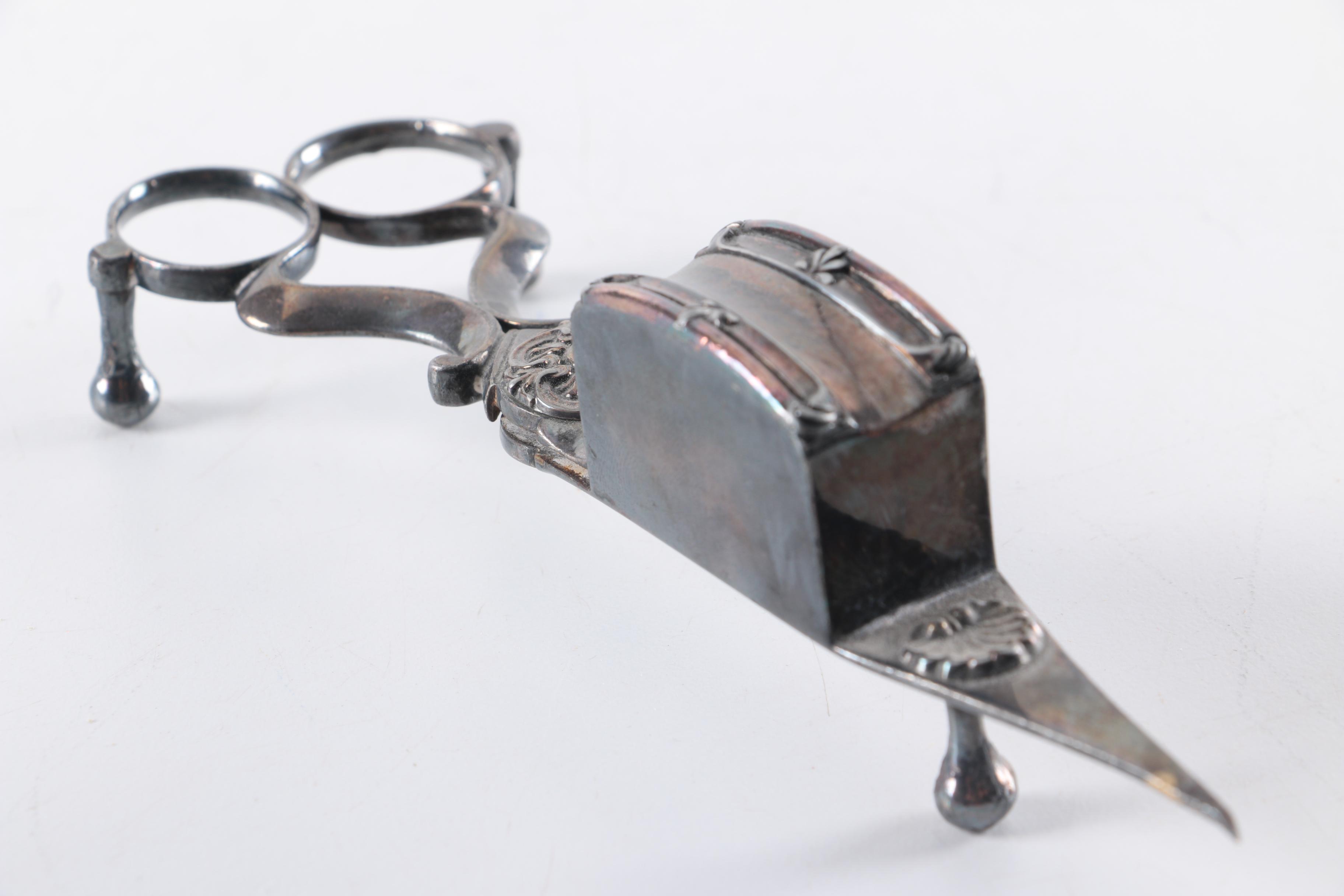 Chased Silver Plate Snuffer and Wick Trimmer and Tray